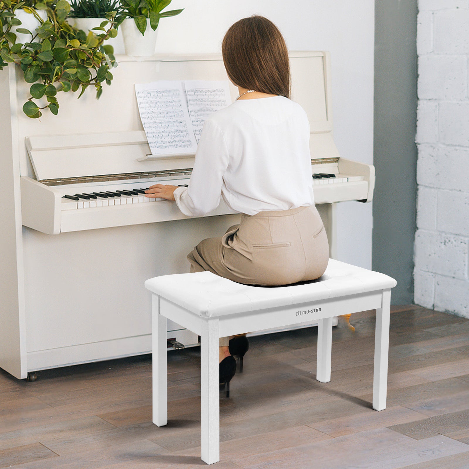 MUSTAR MS-200, Wooden Piano Bench, Padded Piano Stool with Storage, White
