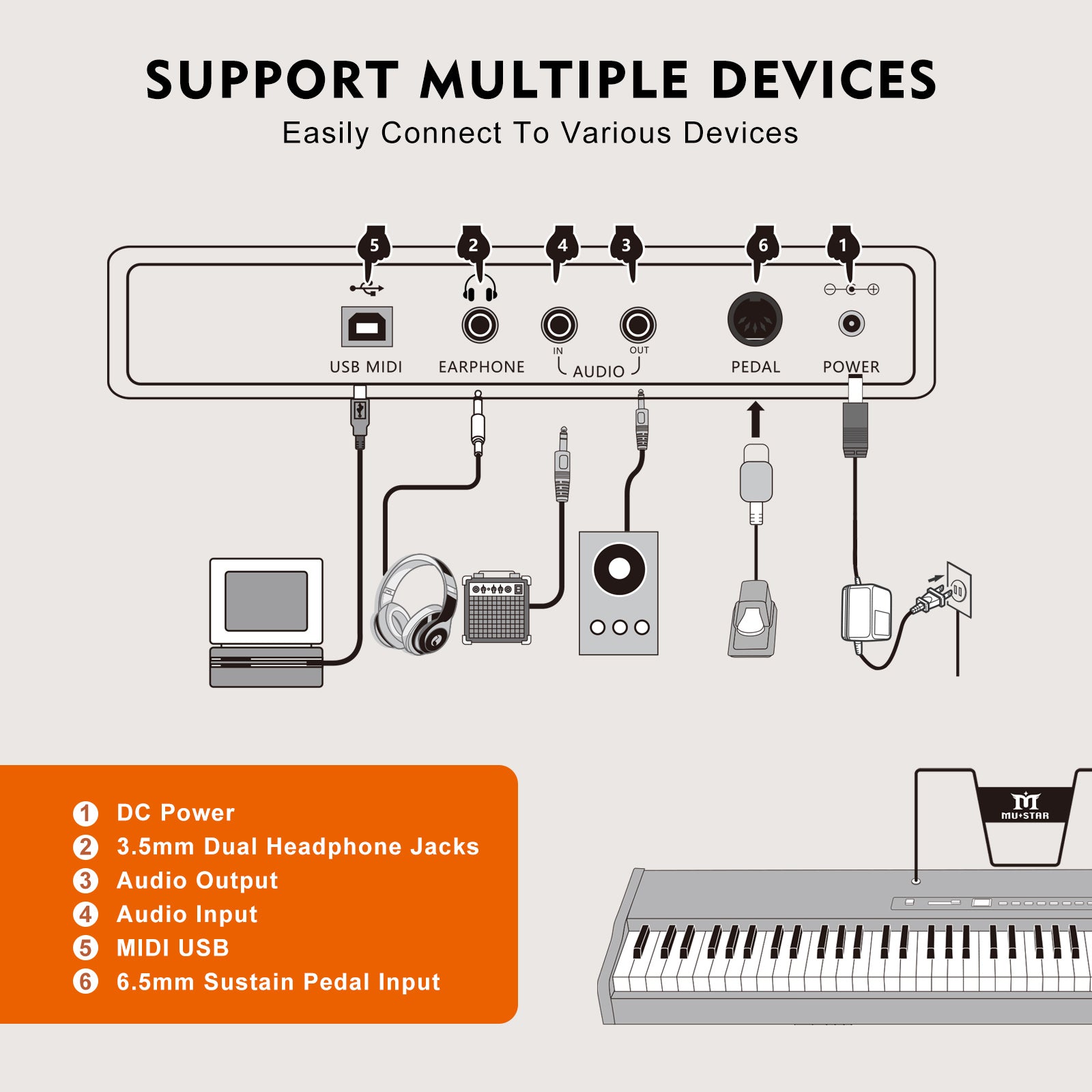 MUSTAR MEP-1600, Digital Piano 88 Keys Electronic Keyboards, Semi Weighted Electric Piano, Bluetooth Connection, Sustain Pedal, Brown