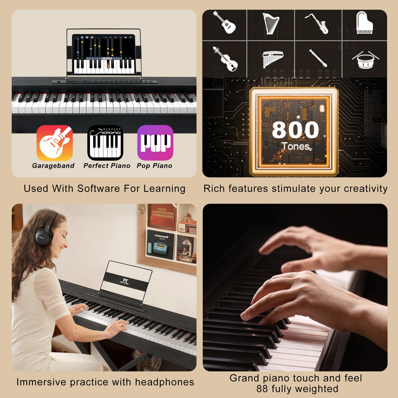 MUSTAR MDP-1200, 88 Key Weighted Digital Piano, Wooden Electronic Keyboards, Hammer Action, Bluetooth Connection, MIDI, Sustain Pedal, 80 demo 600 rhythms 800 tones, Black