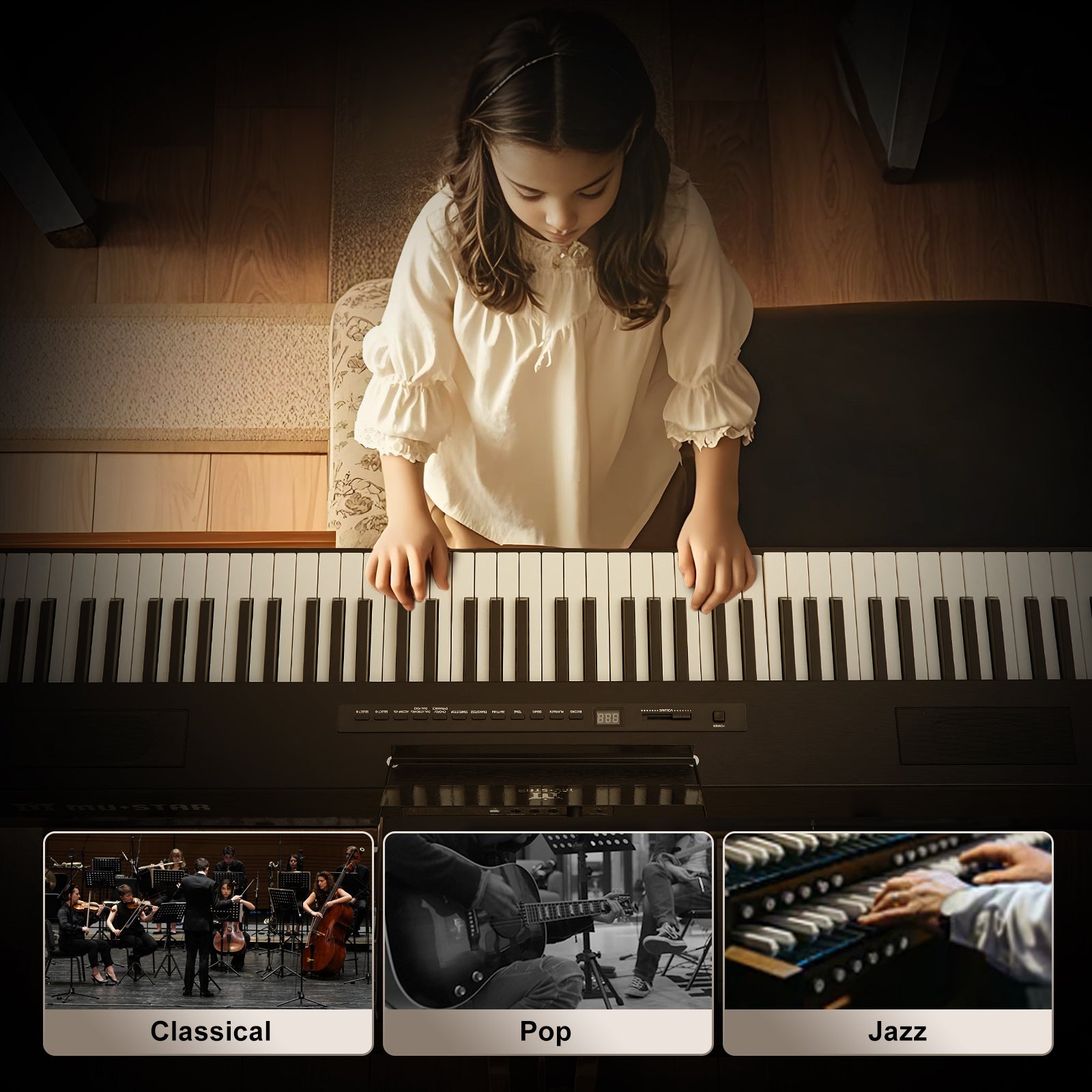 MUSTAR MDP-2100, 88 Semi Weighted Key Digital Piano With Stool, Electronic Keyboards, Beach, Bluetooth/ MIDI,3 Pedals, 80 demo 600 rhythms 800 tones