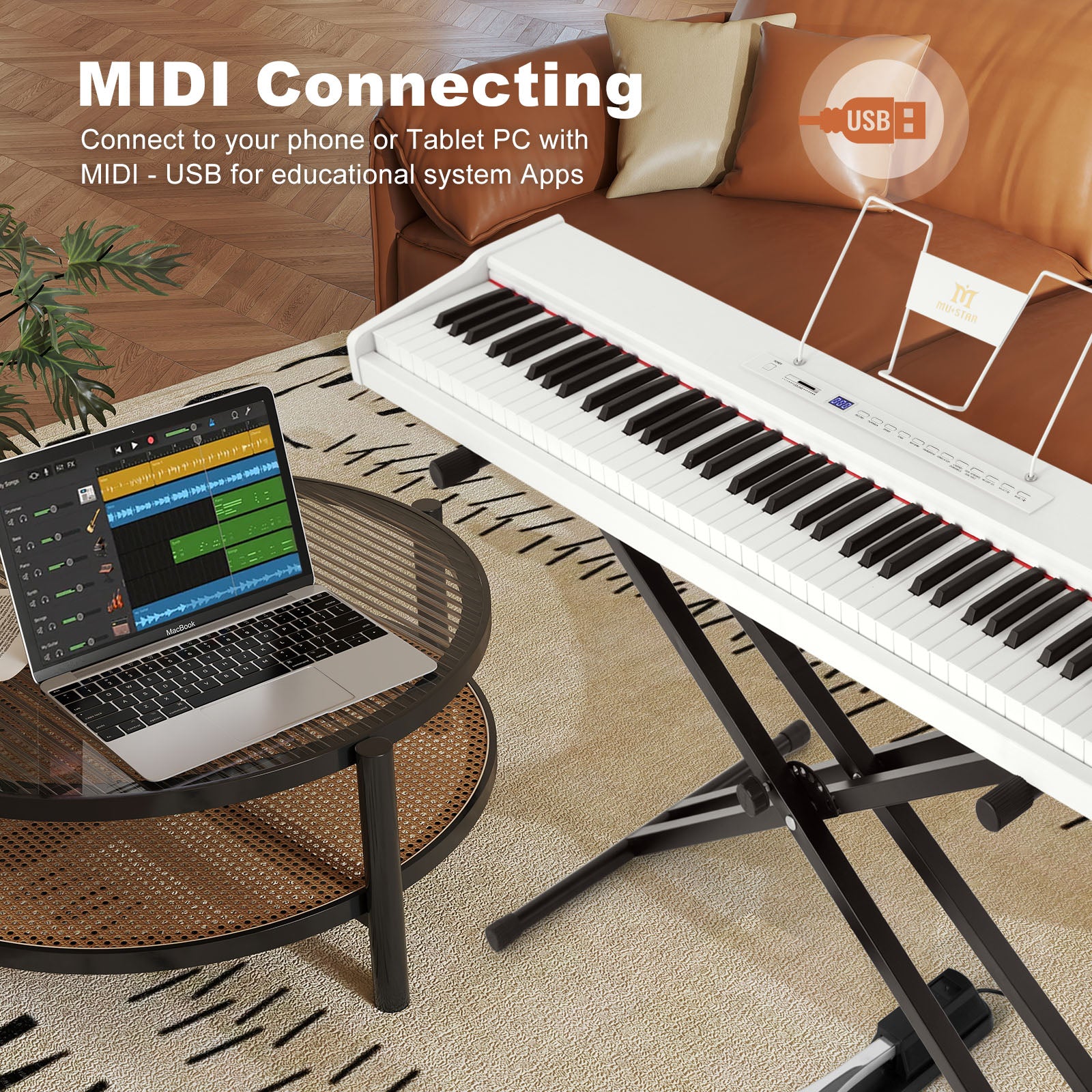 MUSTAR MEP-1000, Digital Piano 88 Keys Electronic Keyboards, Semi Weighted Electric Piano, Bluetooth Connection, Sustain Pedal, White