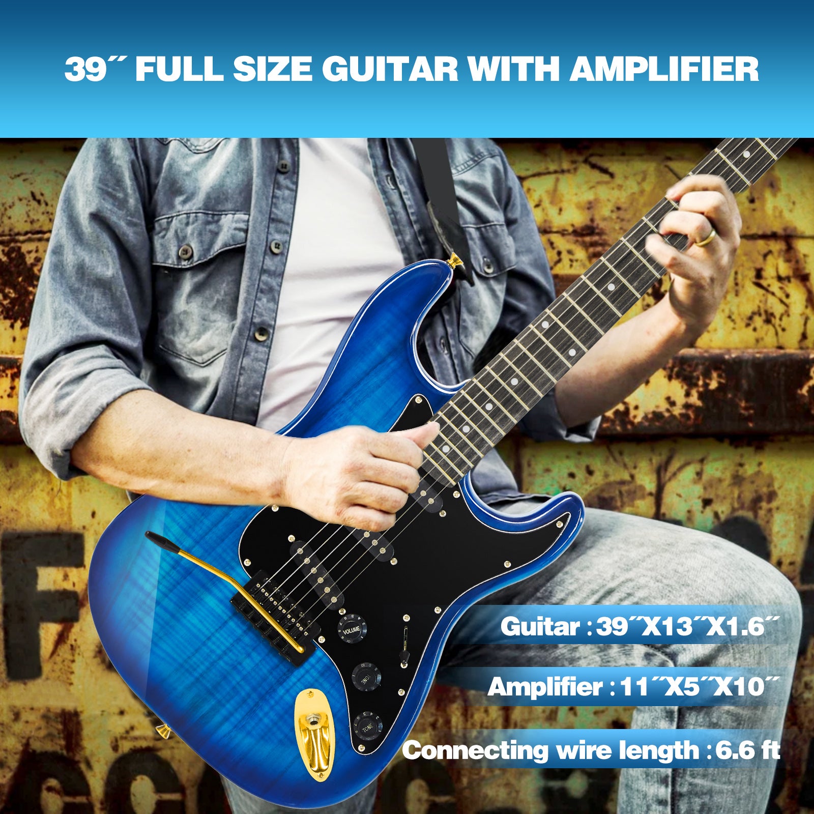 MUSTAR MEG-200, Electric Guitar Kit with 25W Amplifier, Solid Wood Electric Guitar Kits Beginner (Blue)
