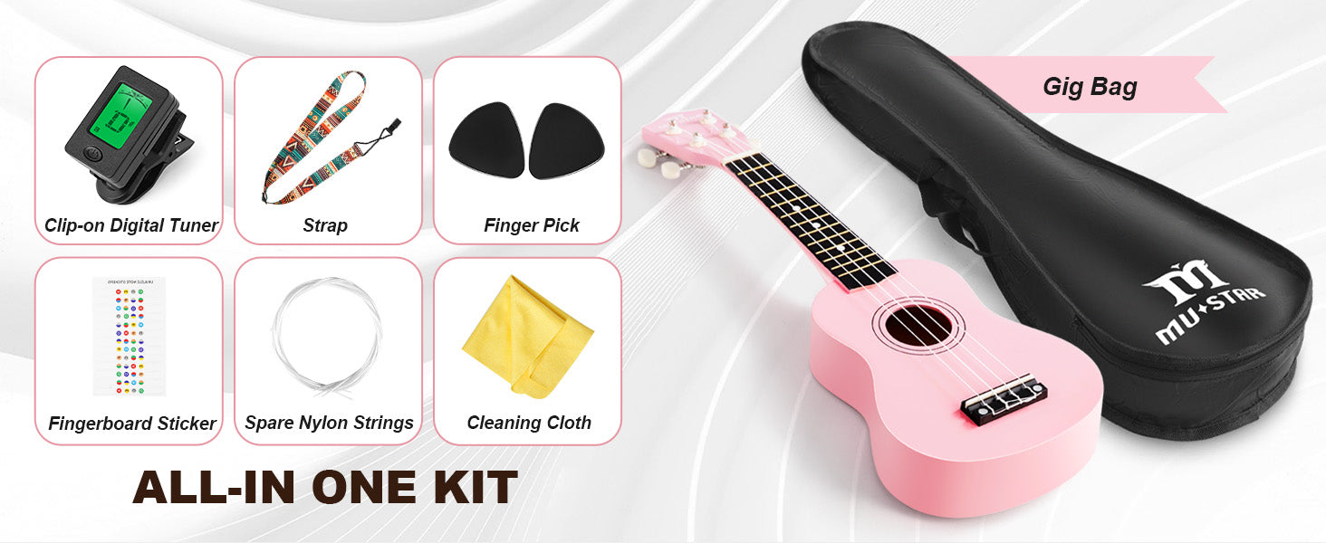 MUSTAR MU-1700, 21 Inch Soprano Ukulele for Beginners Kids Macaron Light Pink