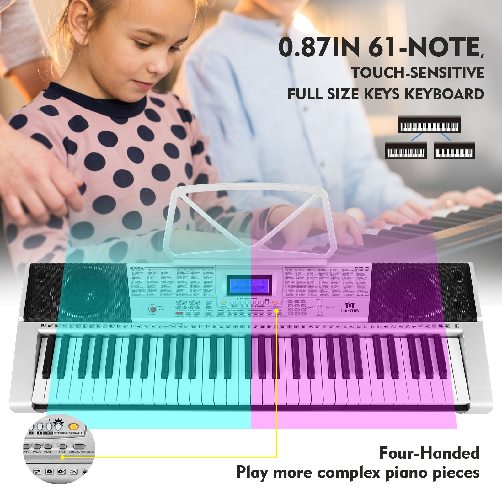MUSTAR MEKS-400, 61 Key Portable Electronic Keyboard, Lighted Up Learning Piano Keyboard, LCD, Beginner Set, Grey