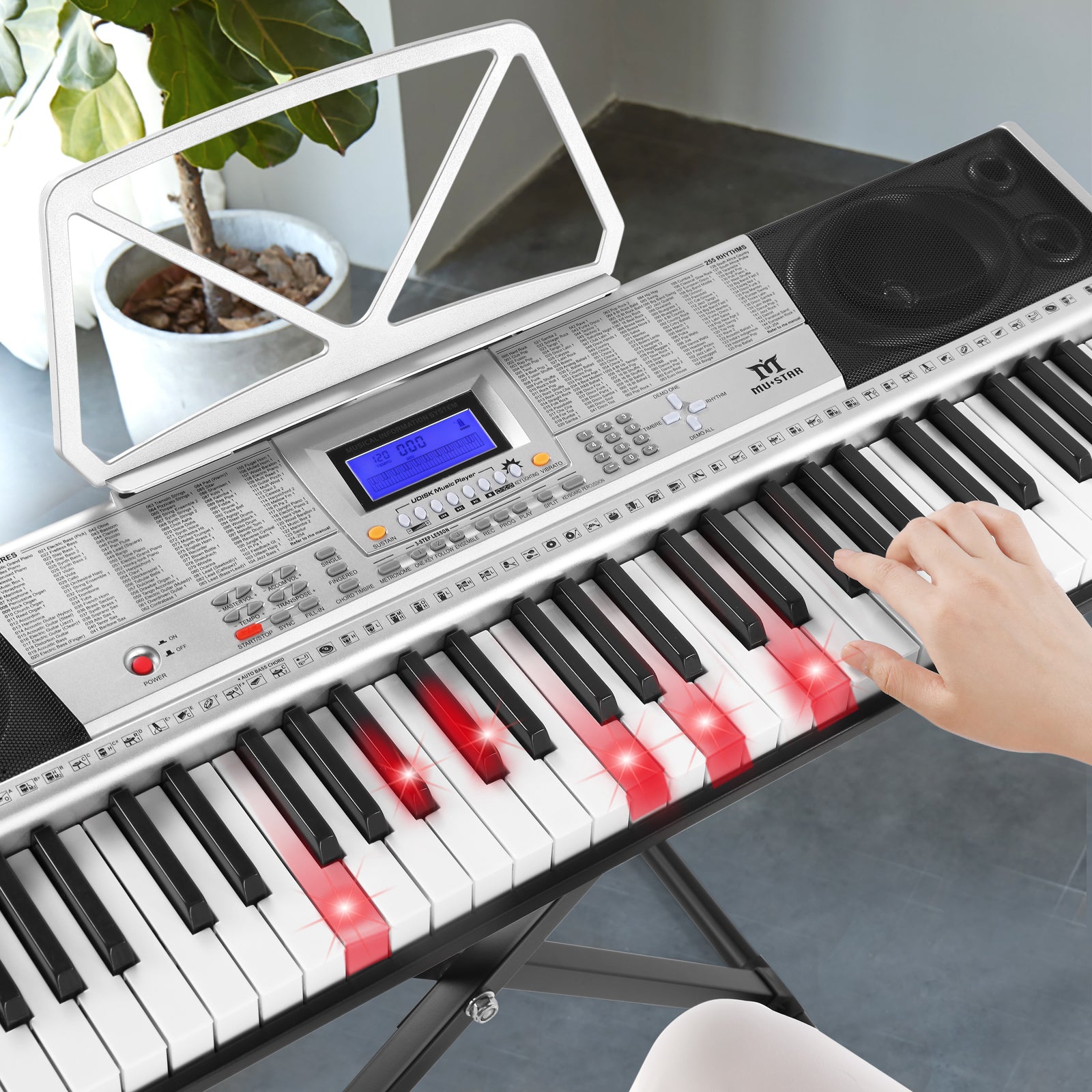 MUSTAR MEKS-400, 61 Key Portable Electronic Keyboard, Lighted Up Learning Piano Keyboard, LCD, Beginner Set, Grey