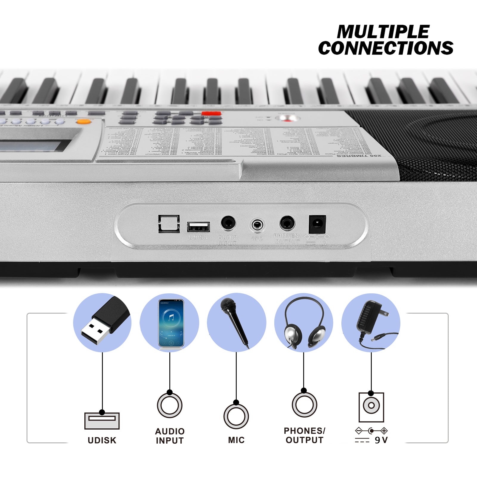 MUSTAR MEKS-400, 61 Key Portable Electronic Keyboard, Lighted Up Learning Piano Keyboard, LCD, Beginner Set, Grey