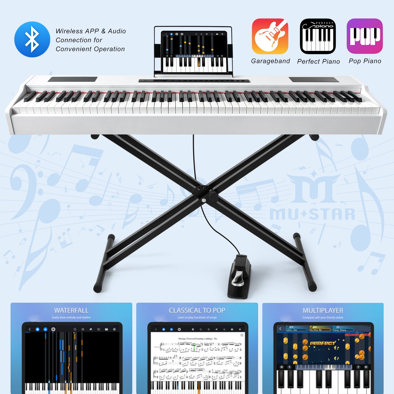 88 Key Weighted Digital Piano, MUSTAR MDP-1300, Wooden Electronic Keyboards, Hammer Action, Bluetooth Connection, MIDI, Sustain Pedal, 80 demo 600 rhythms 800 tones, 2×20W stereo speakers, White
