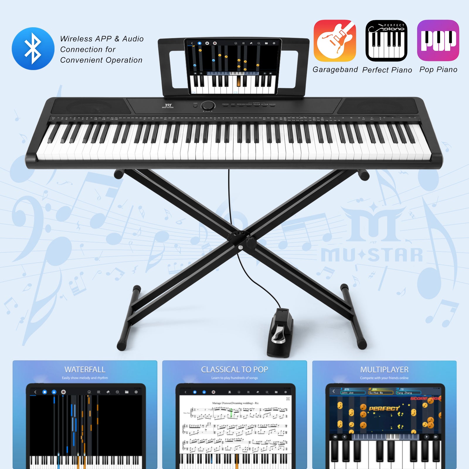 MUSTAR MEP-1100, 88 keys Digital Piano, Semi Weighted Keyboard Piano, Electronic Keyboards for Beginners, Sustain Pedal, USB/MIDI/Bluetooth, ABS, 128 Rhythms, 2 built-in 25W Stereo Speakers, Black