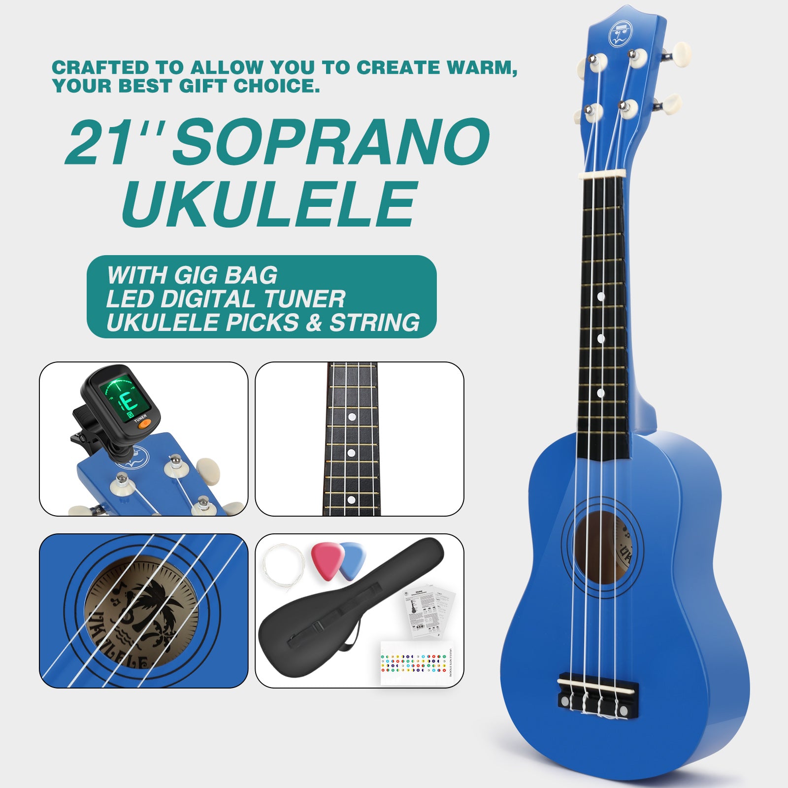 MUSTAR MU-501, 21 Inch Soprano Ukulele for Beginners Kids Blue