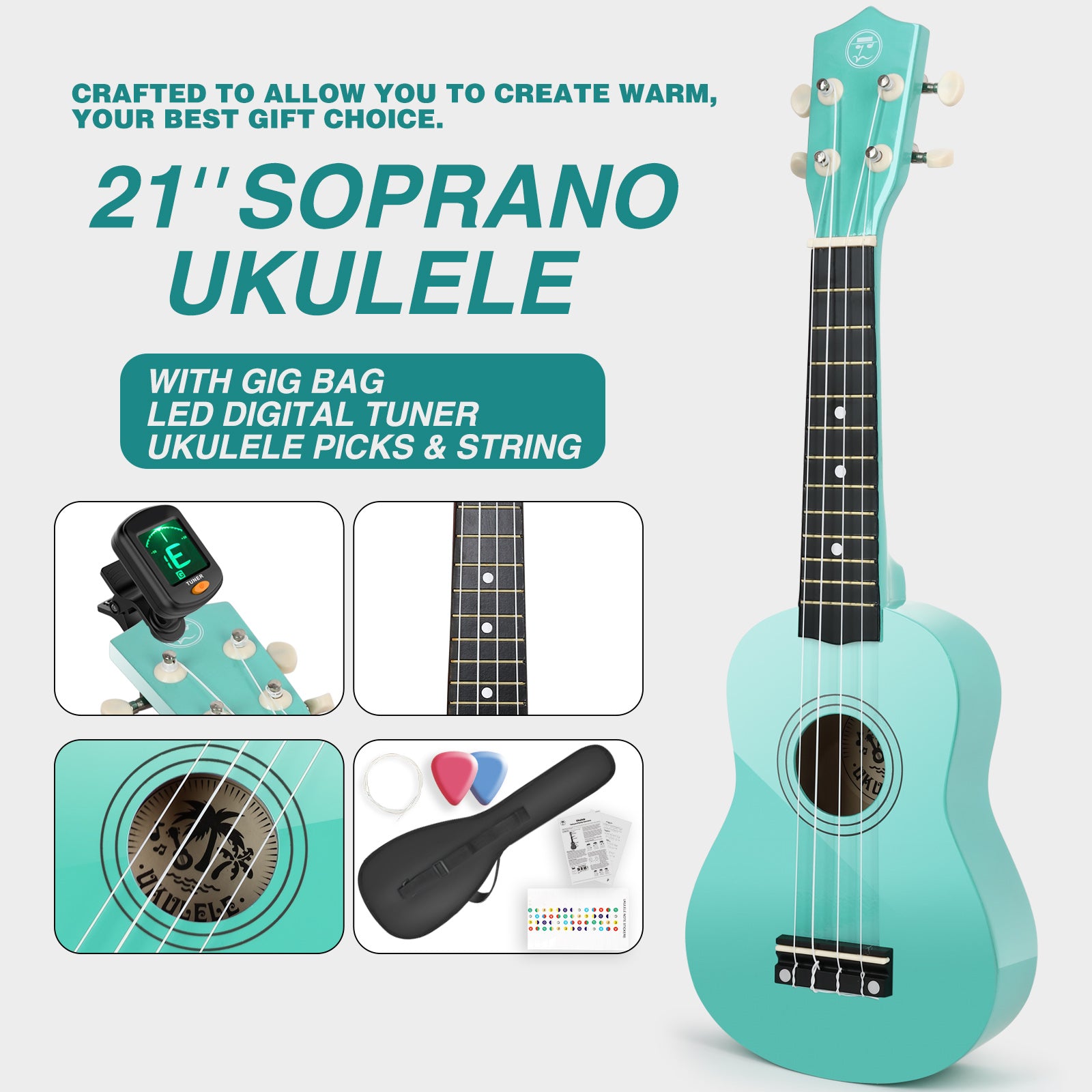 MUSTAR MU-601, 21 Inch Soprano Ukulele for Beginners Kids Green