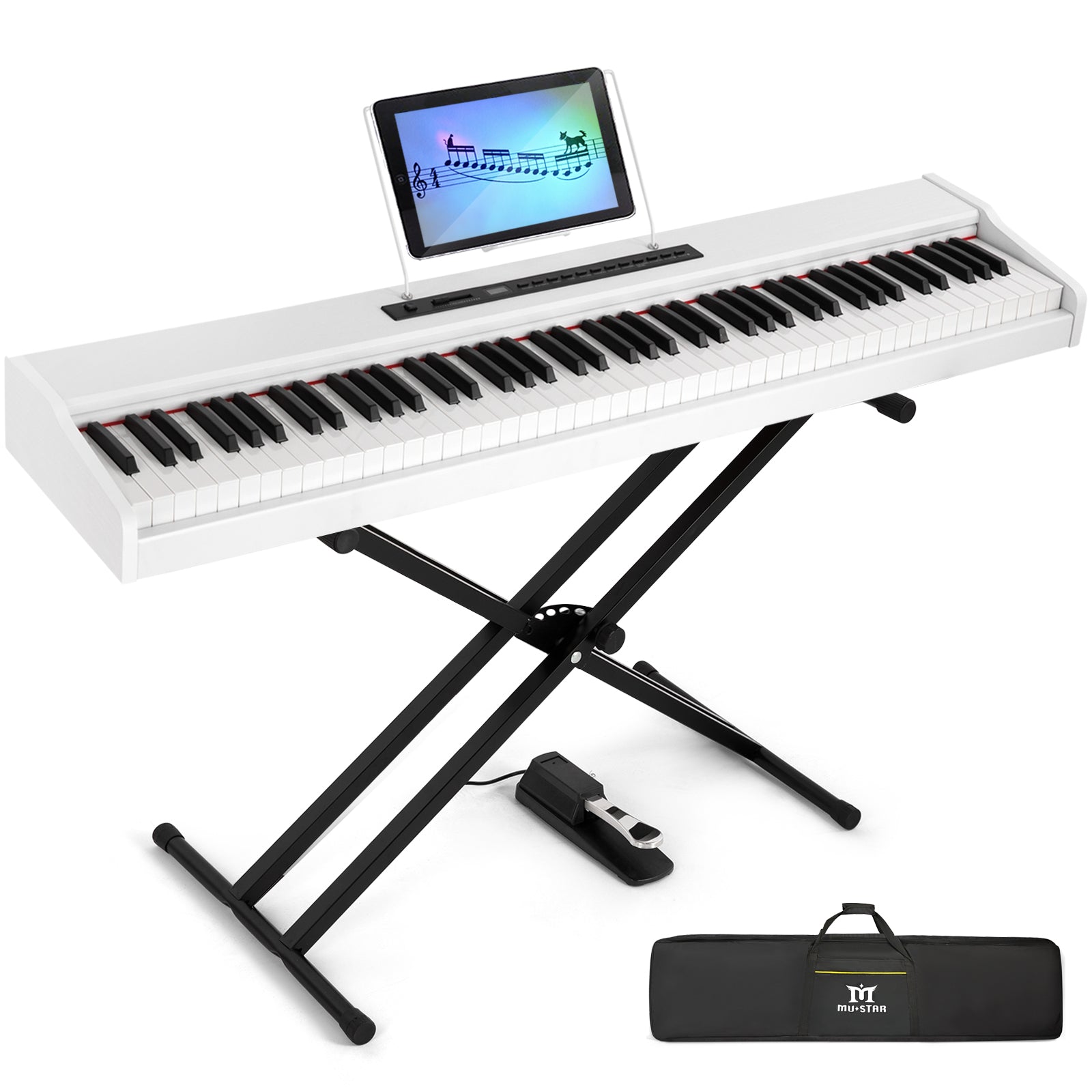 MUSTAR MDP-1500 - Piano digital con 88 teclas de acción de martillo,  teclado eléctrico de tamaño completo con 2 altavoces de 25 W, 3 pedales,  soporte