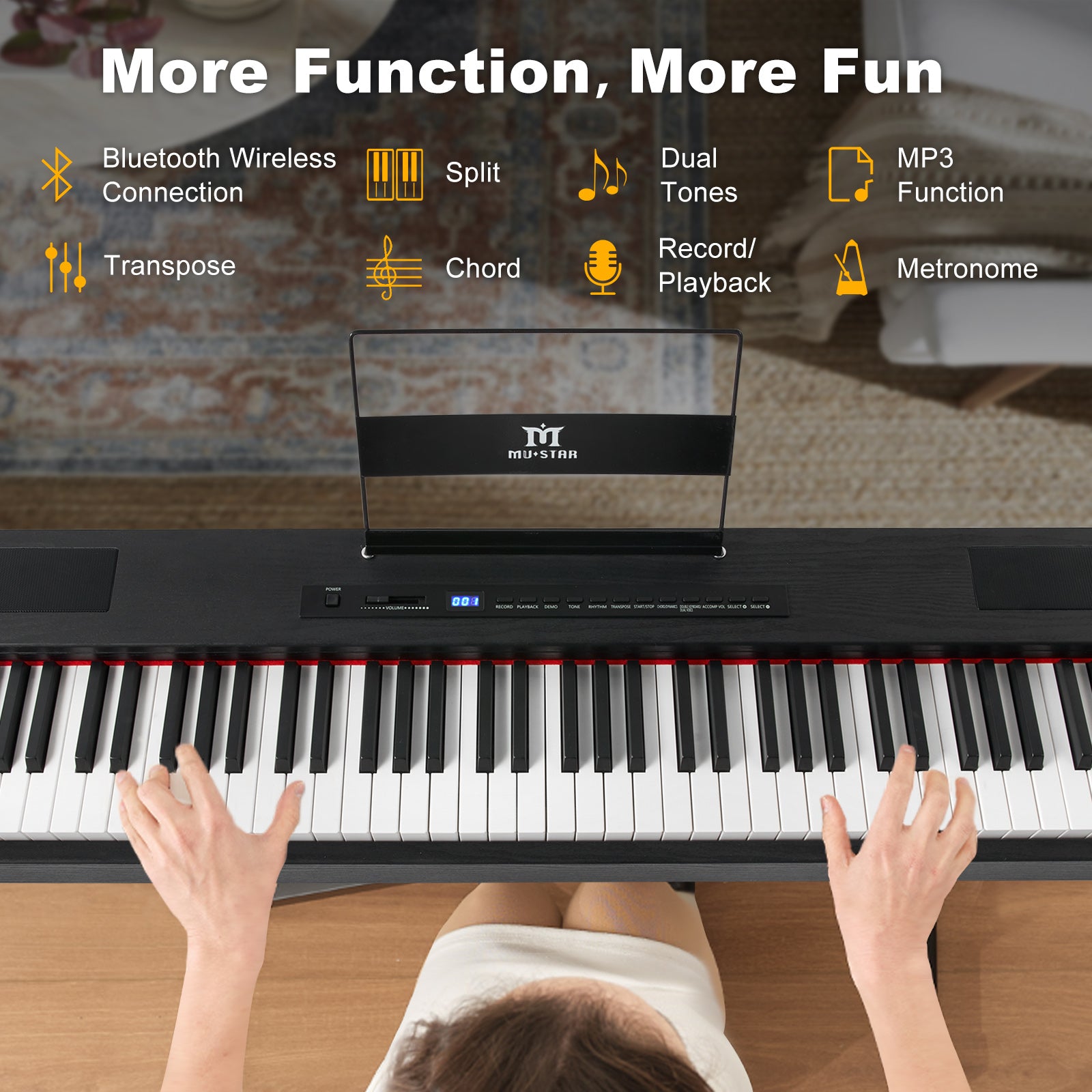 MUSTAR MDP-1200, 88 Key Weighted Digital Piano, Wooden Electronic Keyboards, Hammer Action, Bluetooth Connection, MIDI, Sustain Pedal, 80 demo 600 rhythms 800 tones, Black
