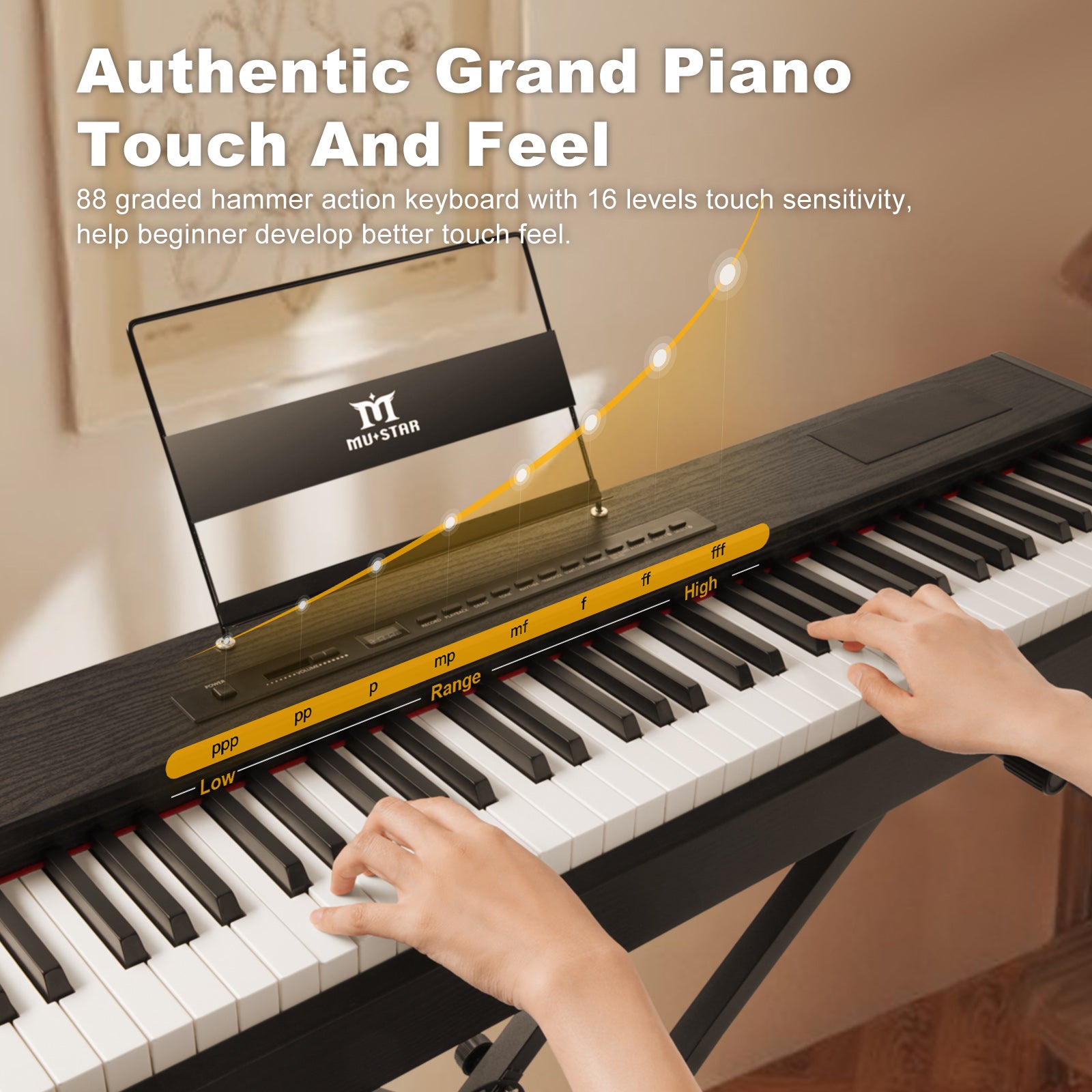 MUSTAR MDP-1200, 88 Key Weighted Digital Piano, Wooden Electronic Keyboards, Hammer Action, Bluetooth Connection, MIDI, Sustain Pedal, 80 demo 600 rhythms 800 tones, Black