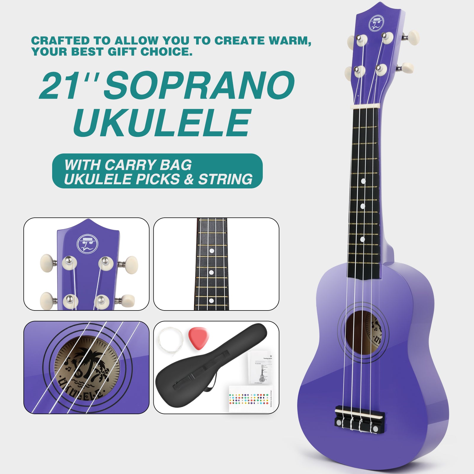 MUSTAR MU-701, 21 Inch Soprano Ukulele for Beginners Kids Purple
