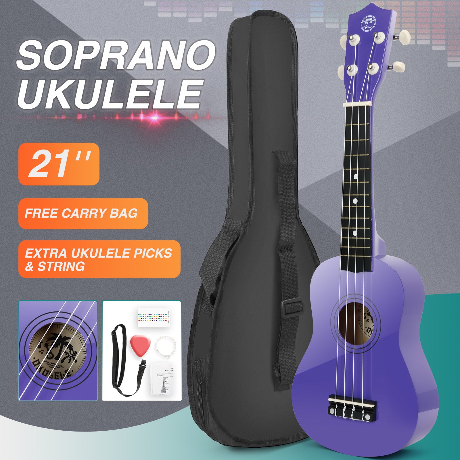 MUSTAR MU-701, 21 Inch Soprano Ukulele for Beginners Kids Purple