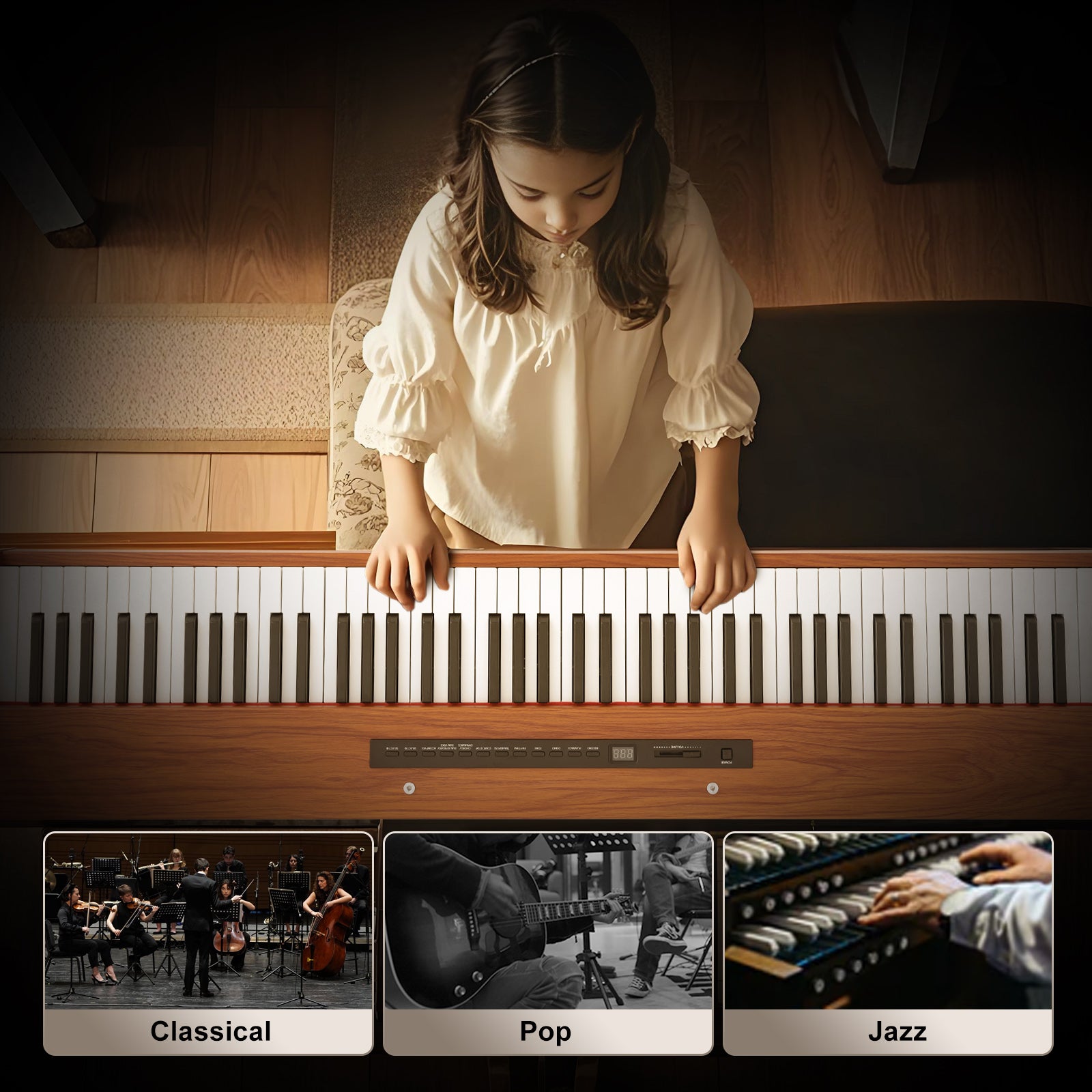 MUSTAR MEP-1600, Digital Piano 88 Keys Electronic Keyboards, Semi Weighted Electric Piano, Bluetooth Connection, Sustain Pedal, Brown