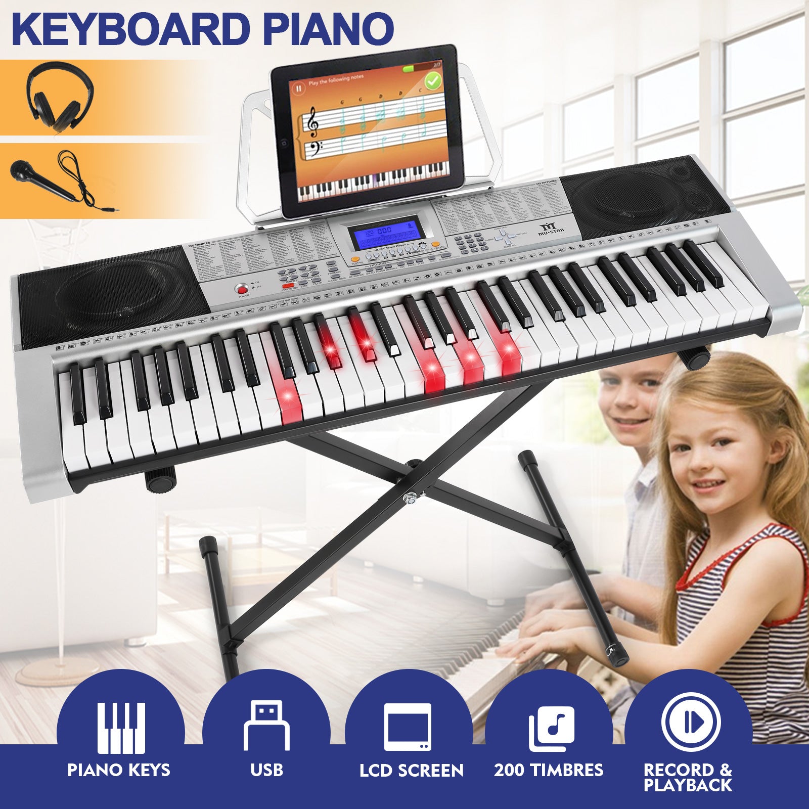 MUSTAR MEKS-400, 61 Key Portable Electronic Keyboard, Lighted Up Learning Piano Keyboard, LCD, Beginner Set,  Grey
