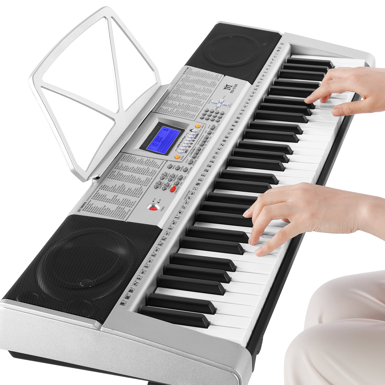 MUSTAR MEKS-400, 61 Key Portable Electronic Keyboard, Lighted Up Learning Piano Keyboard, LCD, Beginner Set, Grey