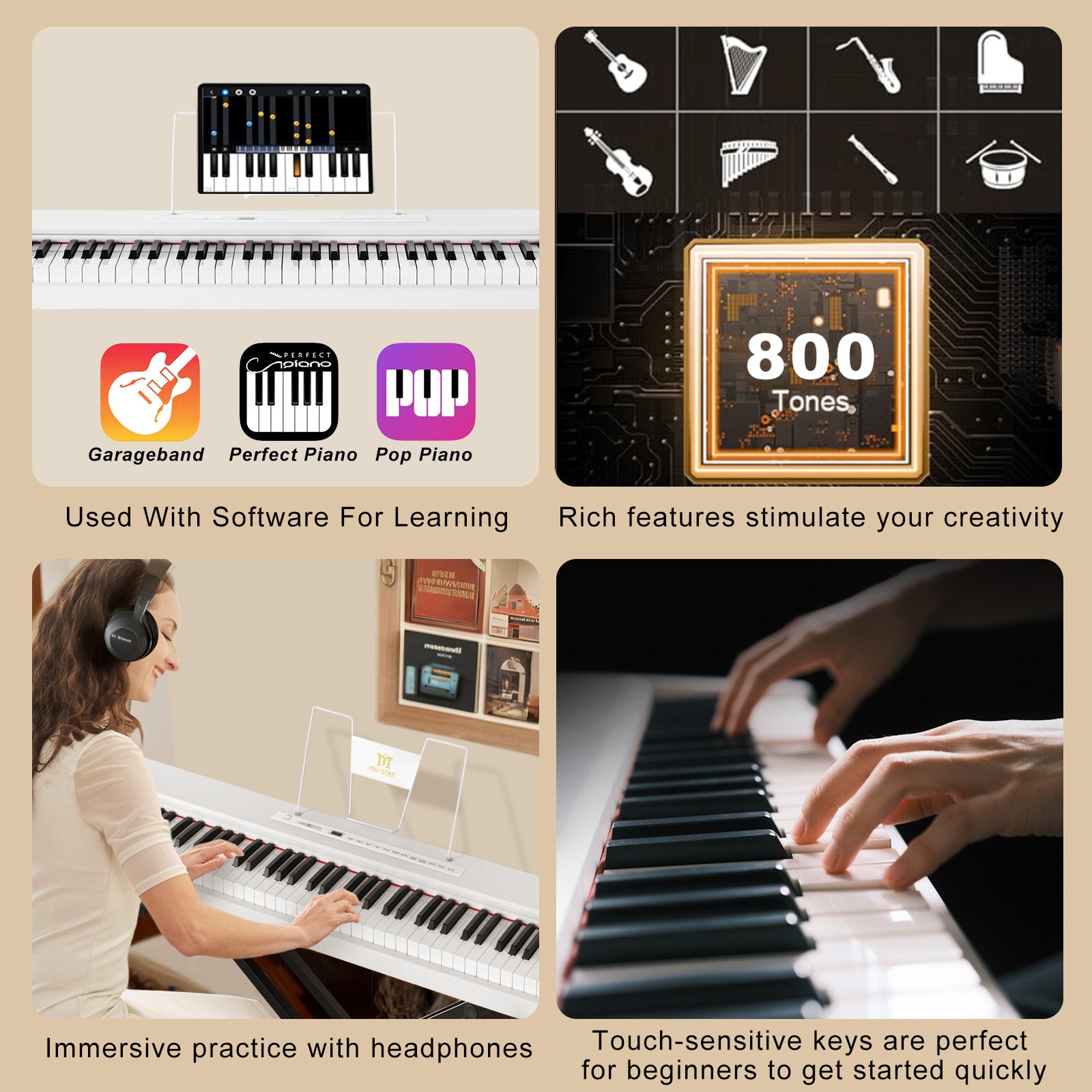 MUSTAR MEP-1000, Digital Piano 88 Keys Electronic Keyboards, Semi Weighted Electric Piano, Bluetooth Connection, Sustain Pedal, White