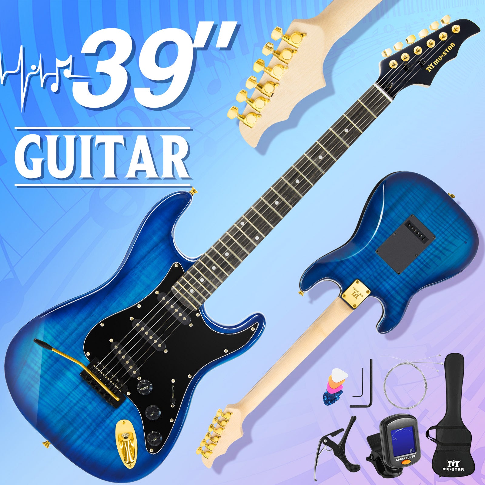 MUSTAR MEG-200, Electric Guitar Kit with 25W Amplifier, Solid Wood Electric Guitar Kits Beginner (Blue)