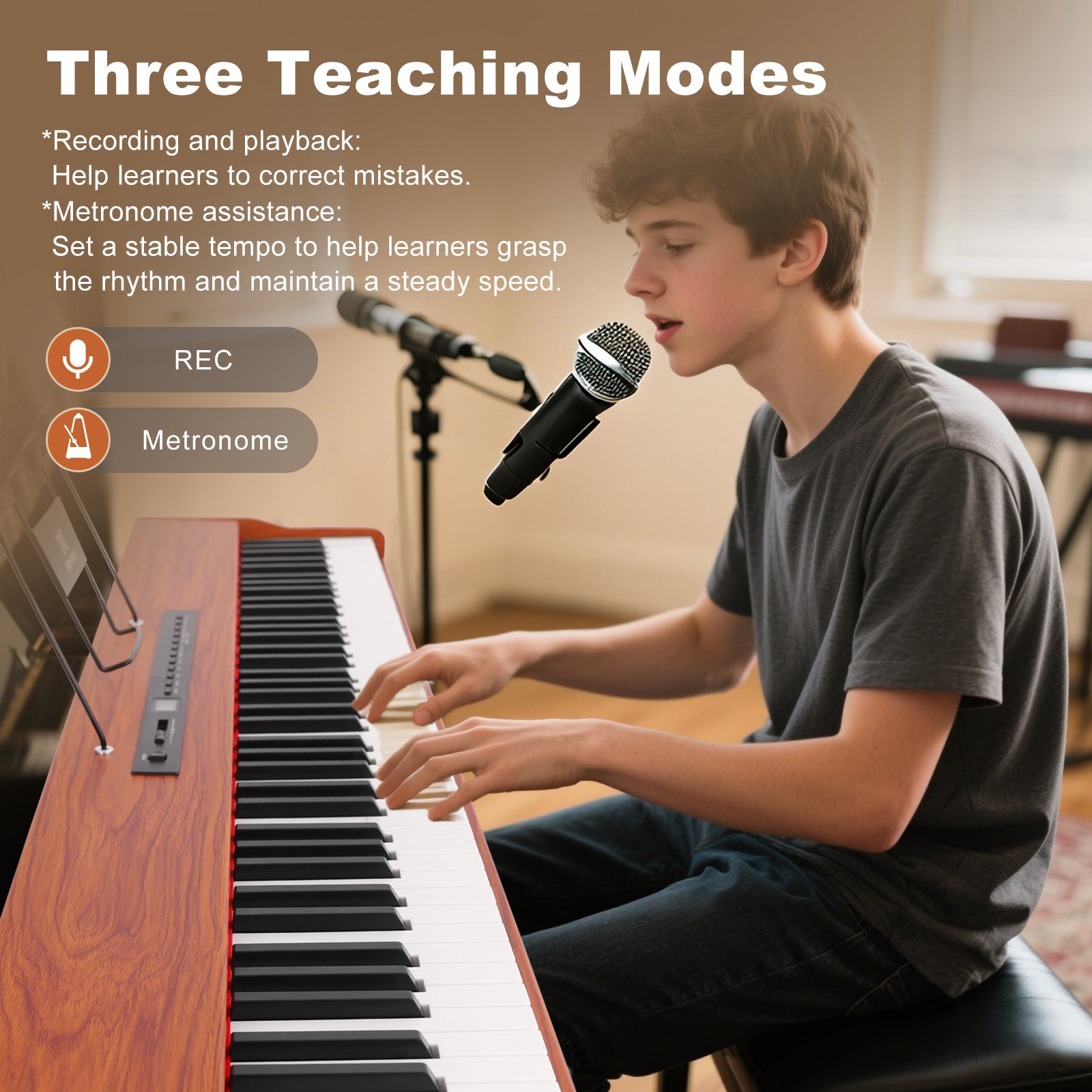 MUSTAR MEP-1600, Digital Piano 88 Keys Electronic Keyboards, Semi Weighted Electric Piano, Bluetooth Connection, Sustain Pedal, Brown