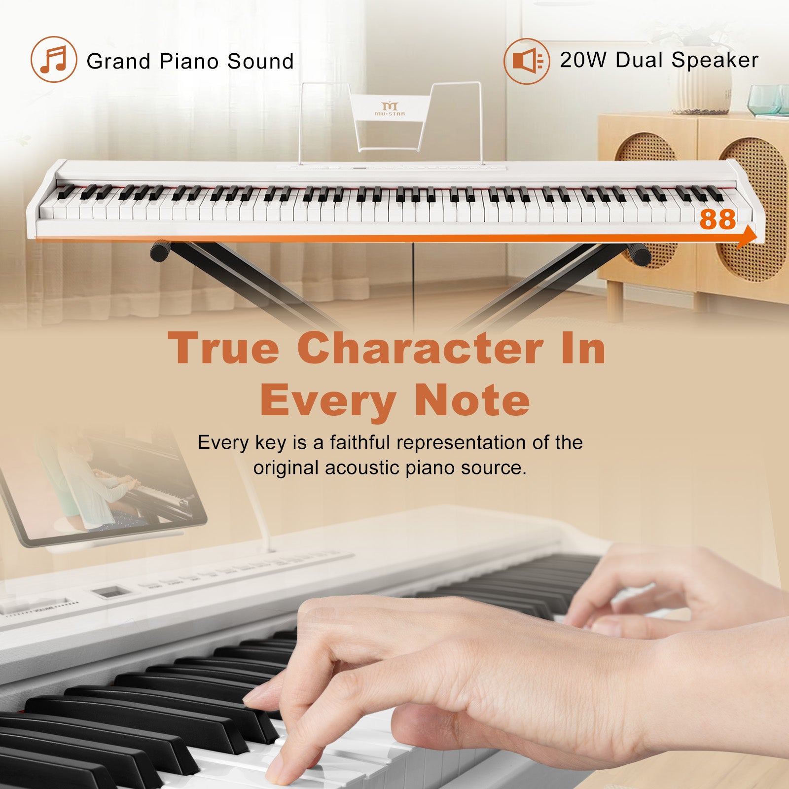MUSTAR MEP-1000, Digital Piano 88 Keys Electronic Keyboards, Semi Weighted Electric Piano, Bluetooth Connection, Sustain Pedal, White