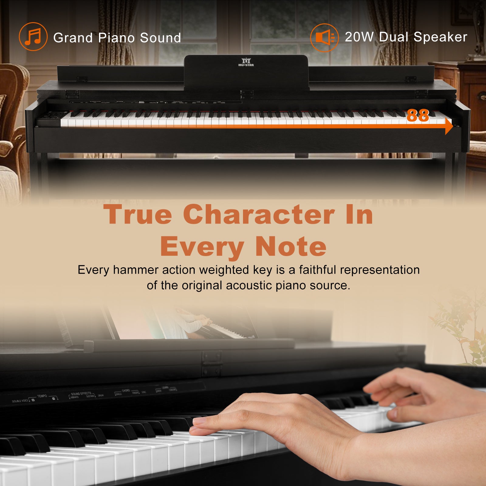MUSTAR MDP-2700, 88 Key Weighted Wooden Upright Digital Piano, Hammer Action