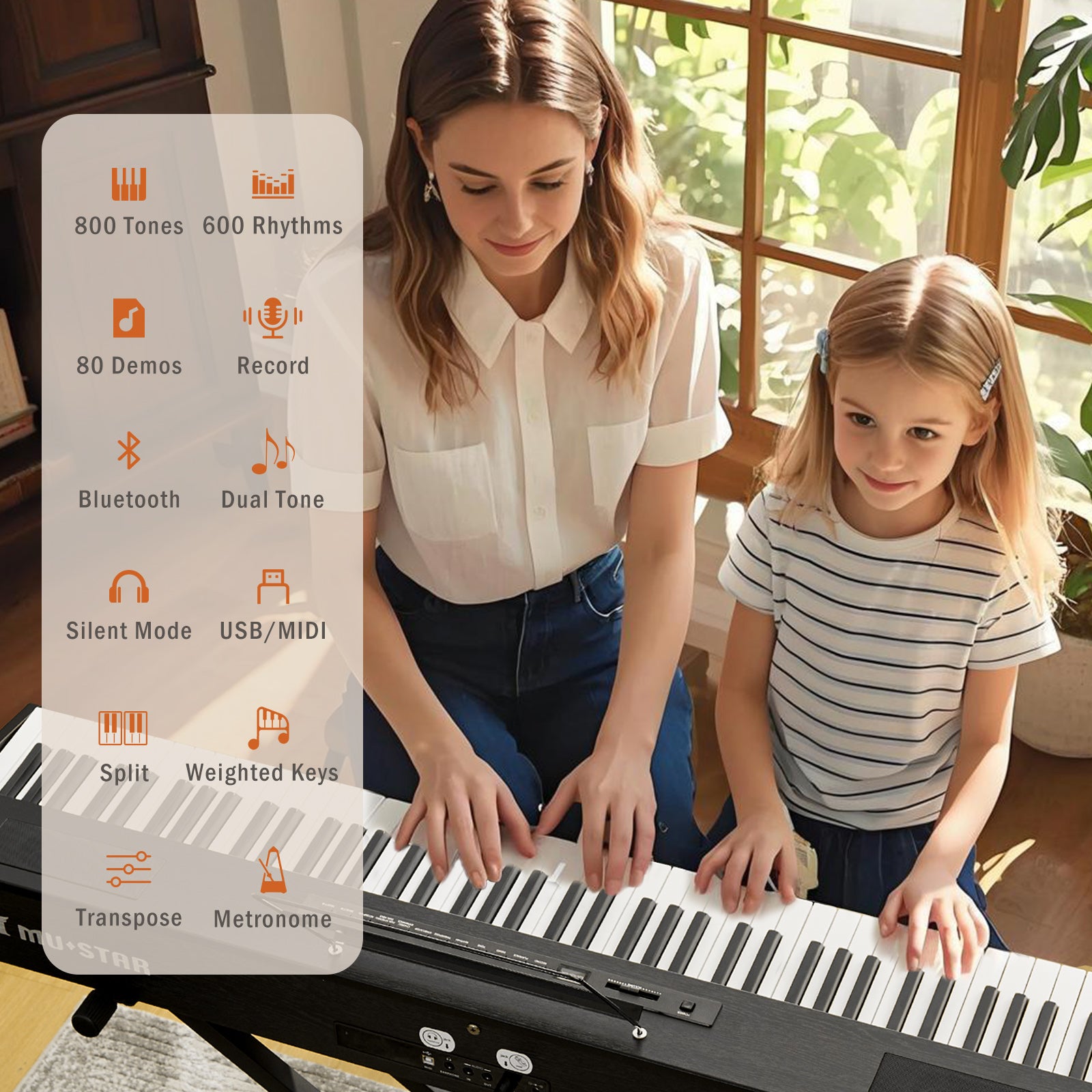 MUSTAR MDP-1200, 88 Key Weighted Digital Piano, Wooden Electronic Keyboards, Hammer Action, Bluetooth Connection, MIDI, Sustain Pedal, 80 demo 600 rhythms 800 tones, Black
