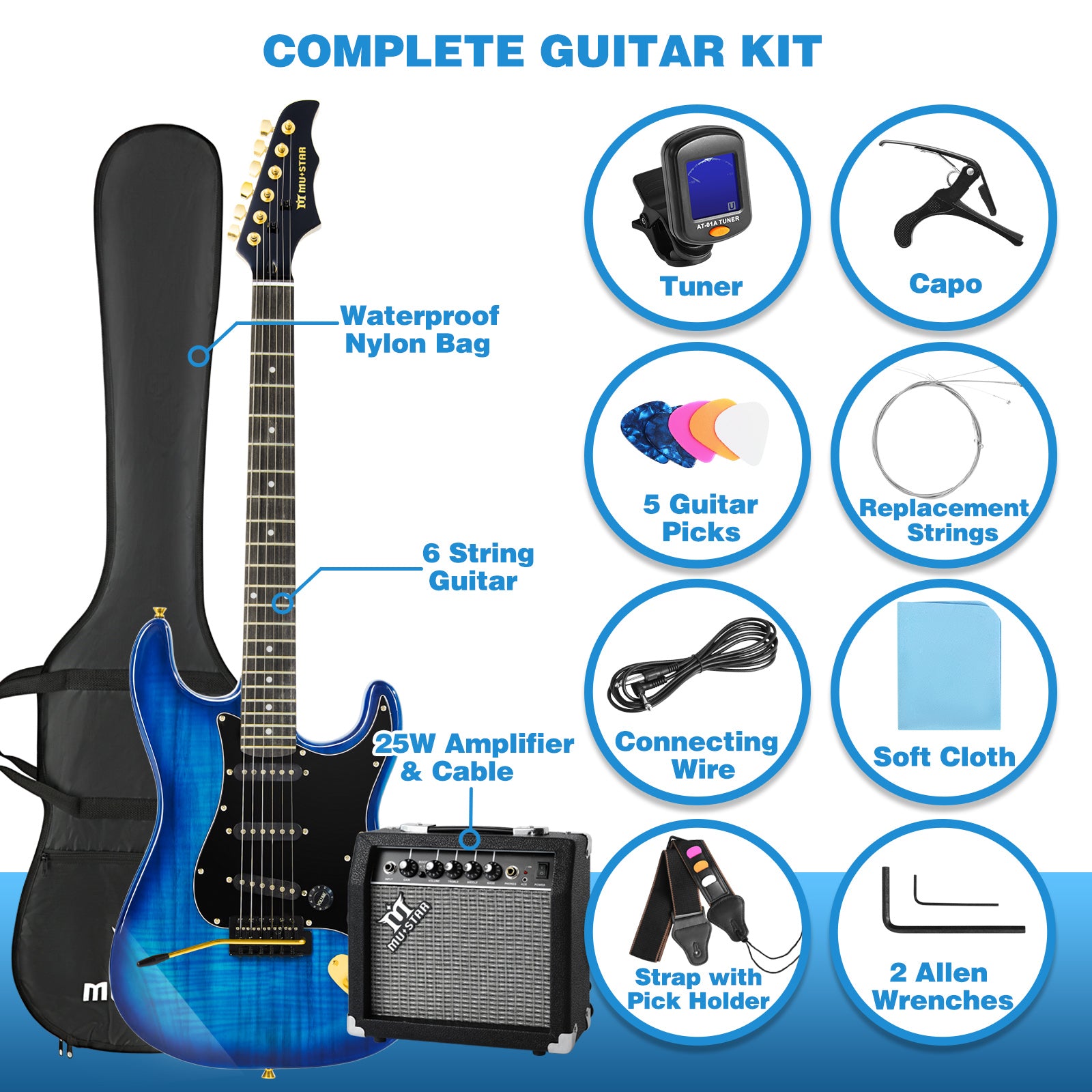 MUSTAR MEG-200, Electric Guitar Kit with 25W Amplifier, Solid Wood Electric Guitar Kits Beginner (Blue)