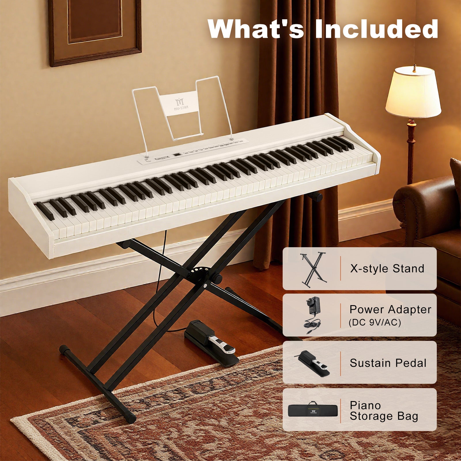 MUSTAR MEP-1000, Digital Piano 88 Keys Electronic Keyboards, Semi Weighted Electric Piano, Bluetooth Connection, Sustain Pedal, White