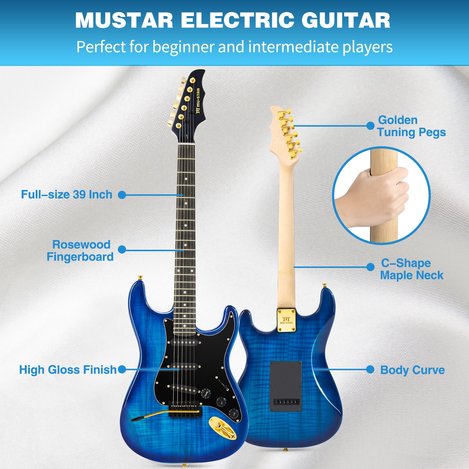 MUSTAR MEG-200, Electric Guitar Kit with 25W Amplifier, Solid Wood Electric Guitar Kits Beginner (Blue)