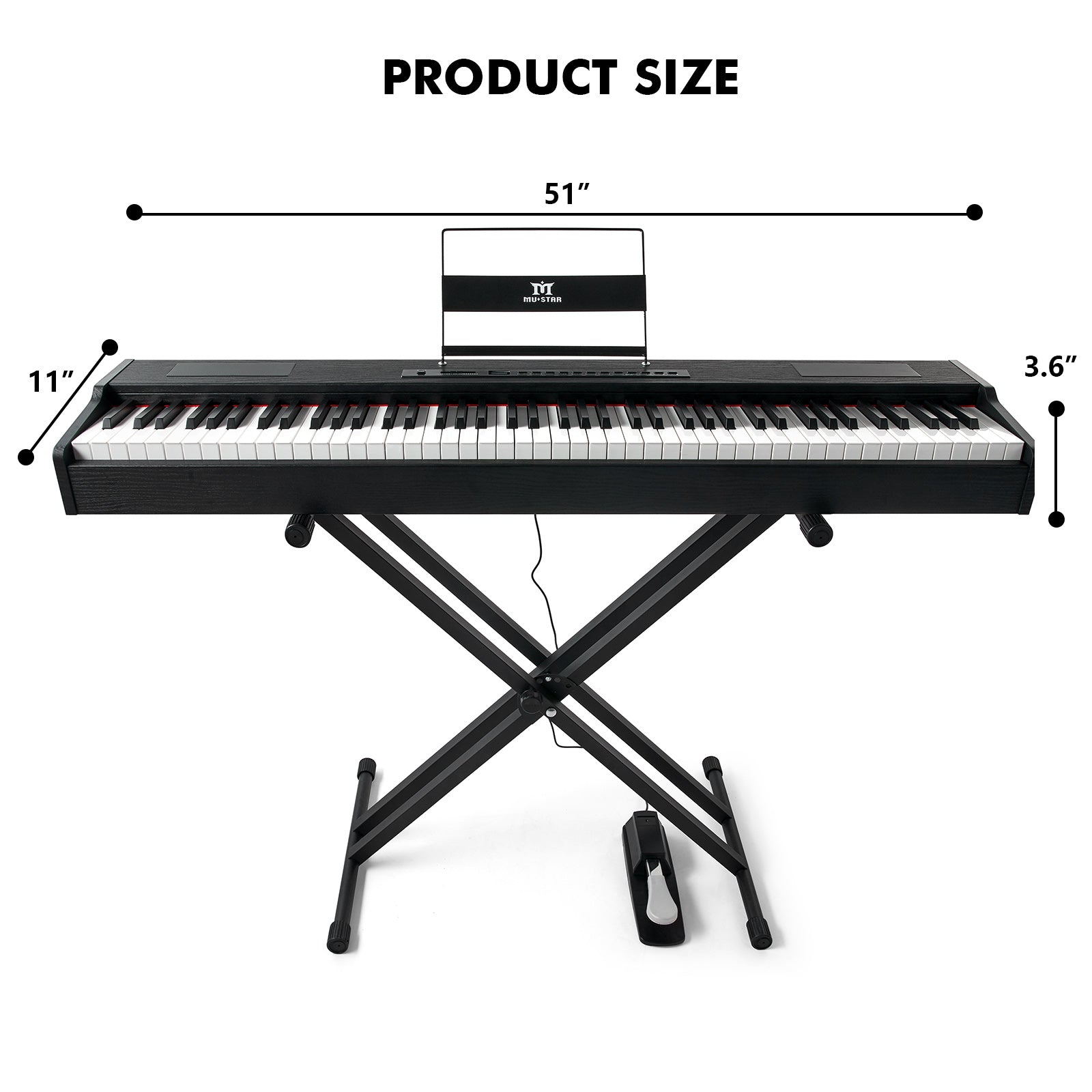 MUSTAR MDP-1200, 88 Key Weighted Digital Piano, Wooden Electronic Keyboards, Hammer Action, Bluetooth Connection, MIDI, Sustain Pedal, 80 demo 600 rhythms 800 tones, Black