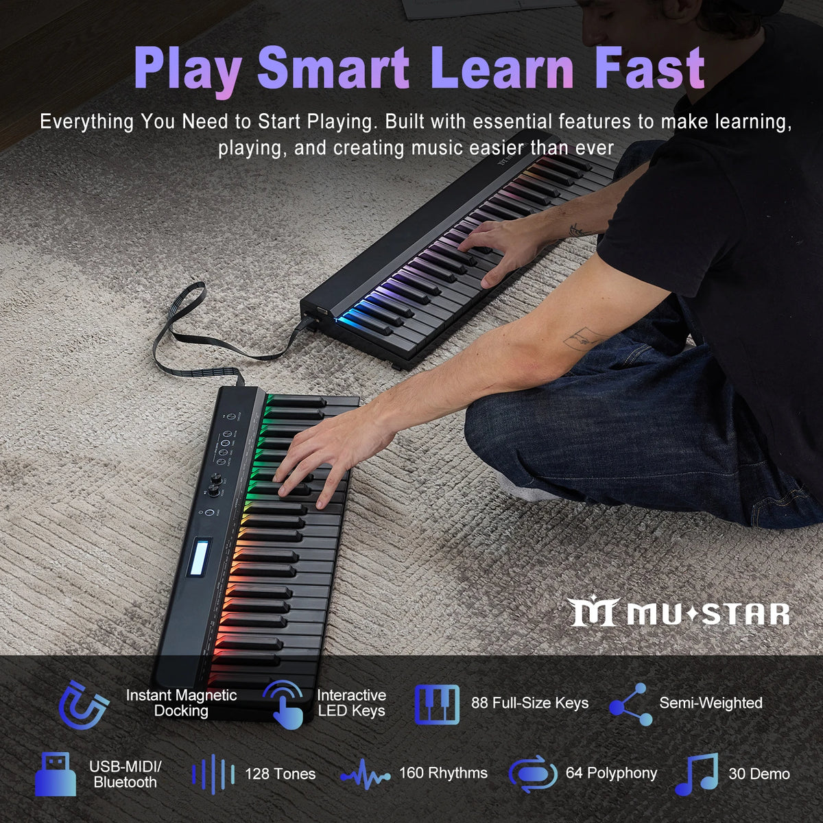 MUSTAR MEP-4000, Portable Smart Piano Keyboard, 88 Keys Rainbow Light, Magnetic Split, Sustain Pedal