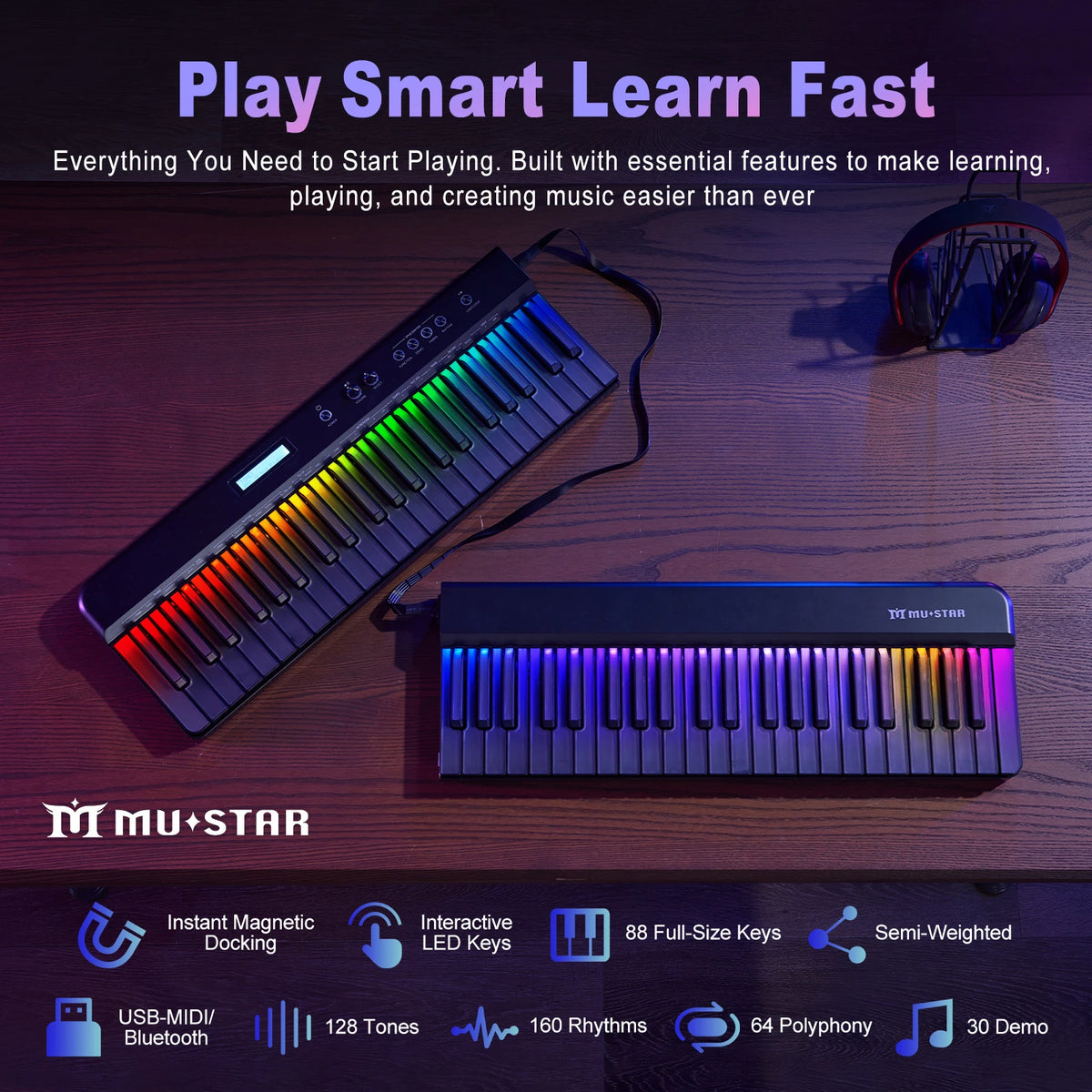 MUSTAR MEP-4000, Portable Smart Piano Keyboard, 88 Keys Rainbow Light, Magnetic Split, Sustain Pedal