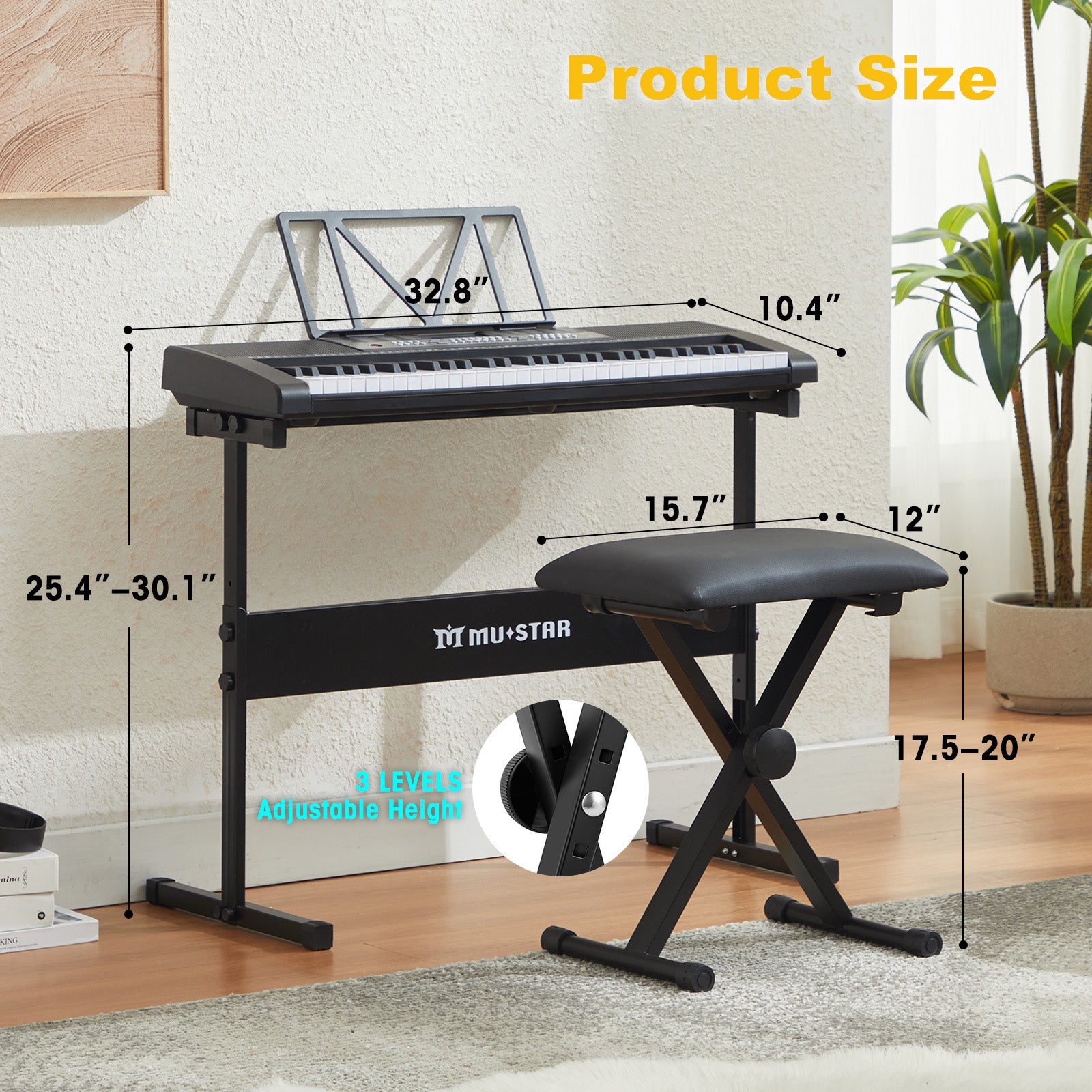 MUSTAR MEKS-800, LCD, 61 Key Portable Electronic Keyboard, Lighted Up Learning Piano Keyboard, Beginner Set with Stool