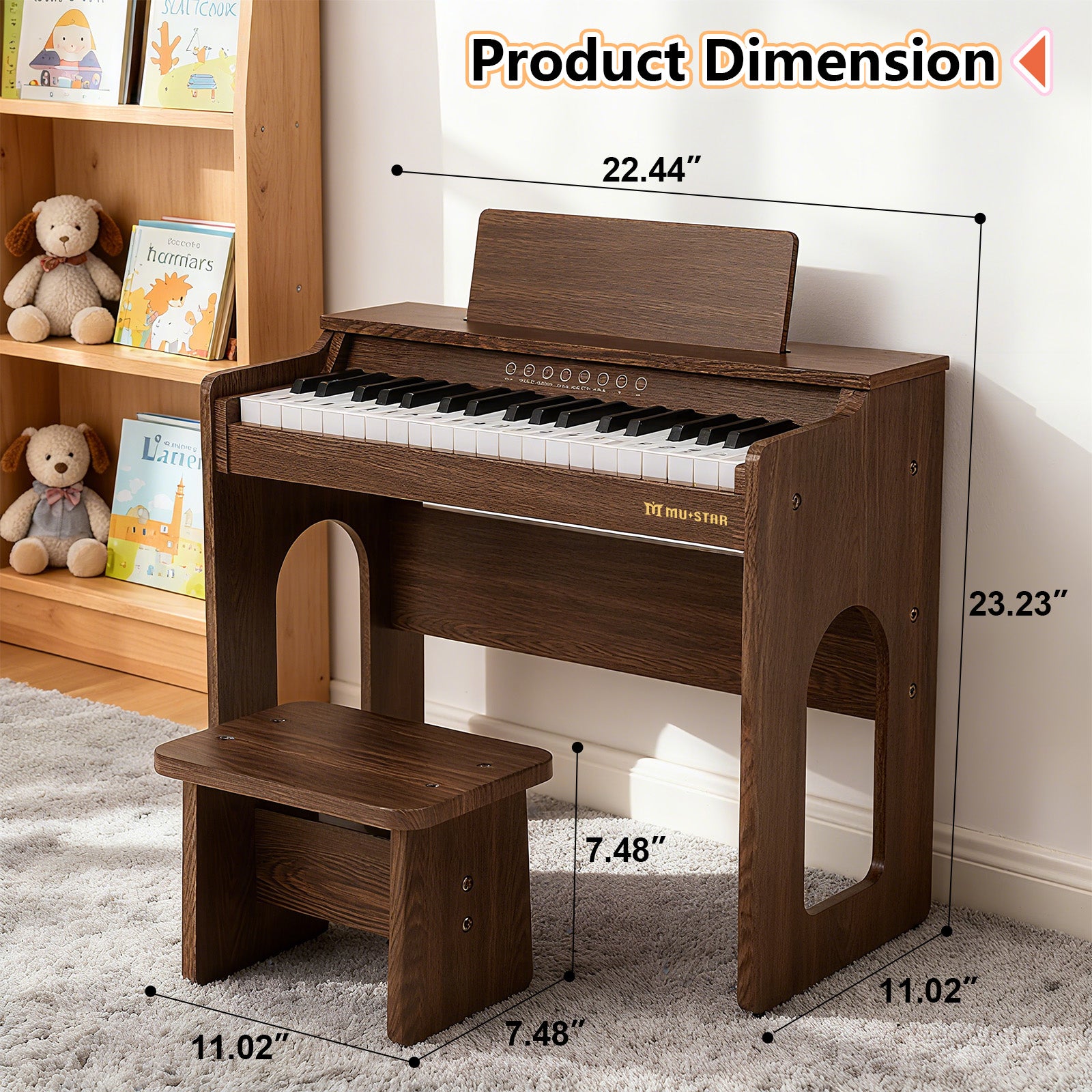 MUSTAR MT-500, 37 Keys Kids Piano Keyboard, Wooden Music Toy Instrument, Early Educational Musical Learning, Stool, 3Y+