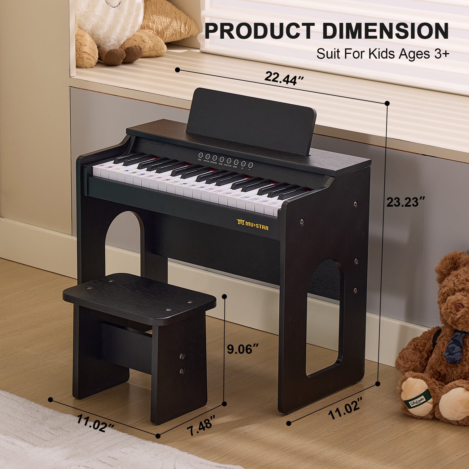 MUSTAR MT-800, 37 Keys Kids Piano Keyboard, Wooden Music Toy Instrument, Early Educational Musical Learning, Stool