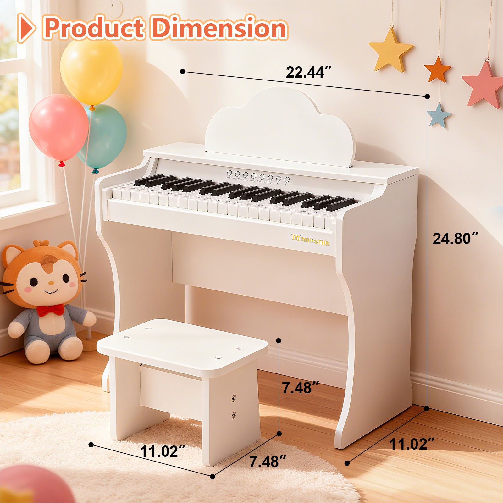 MUSTAR MT-100, 37 Keys Kids Piano Keyboard, Wooden Music Toy Instrument, Early Educational Musical Learning,Stool