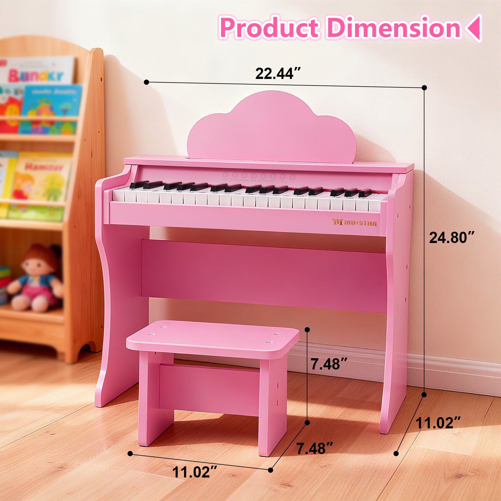 MUSTAR MT-200, 37 Keys Kids Piano Keyboard, Wooden Music Toy Instrument, Early Educational Musical Learning,Stool