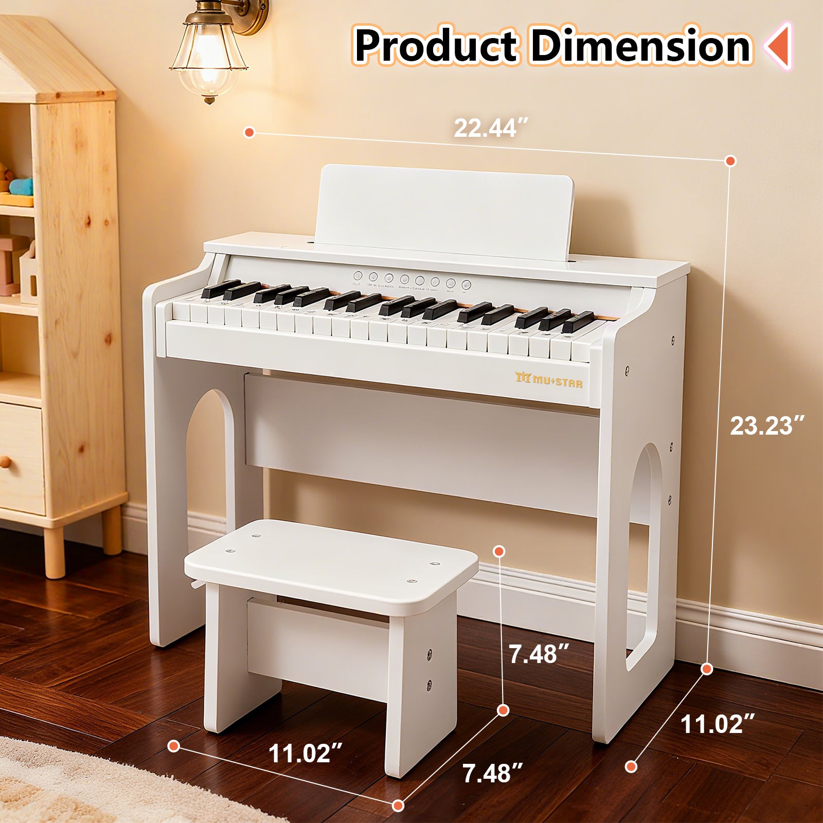 MUSTAR MT-300, 37 Keys Kids Piano Keyboard, Wooden Music Toy Instrument, Early Educational Musical Learning, 3+, Stool