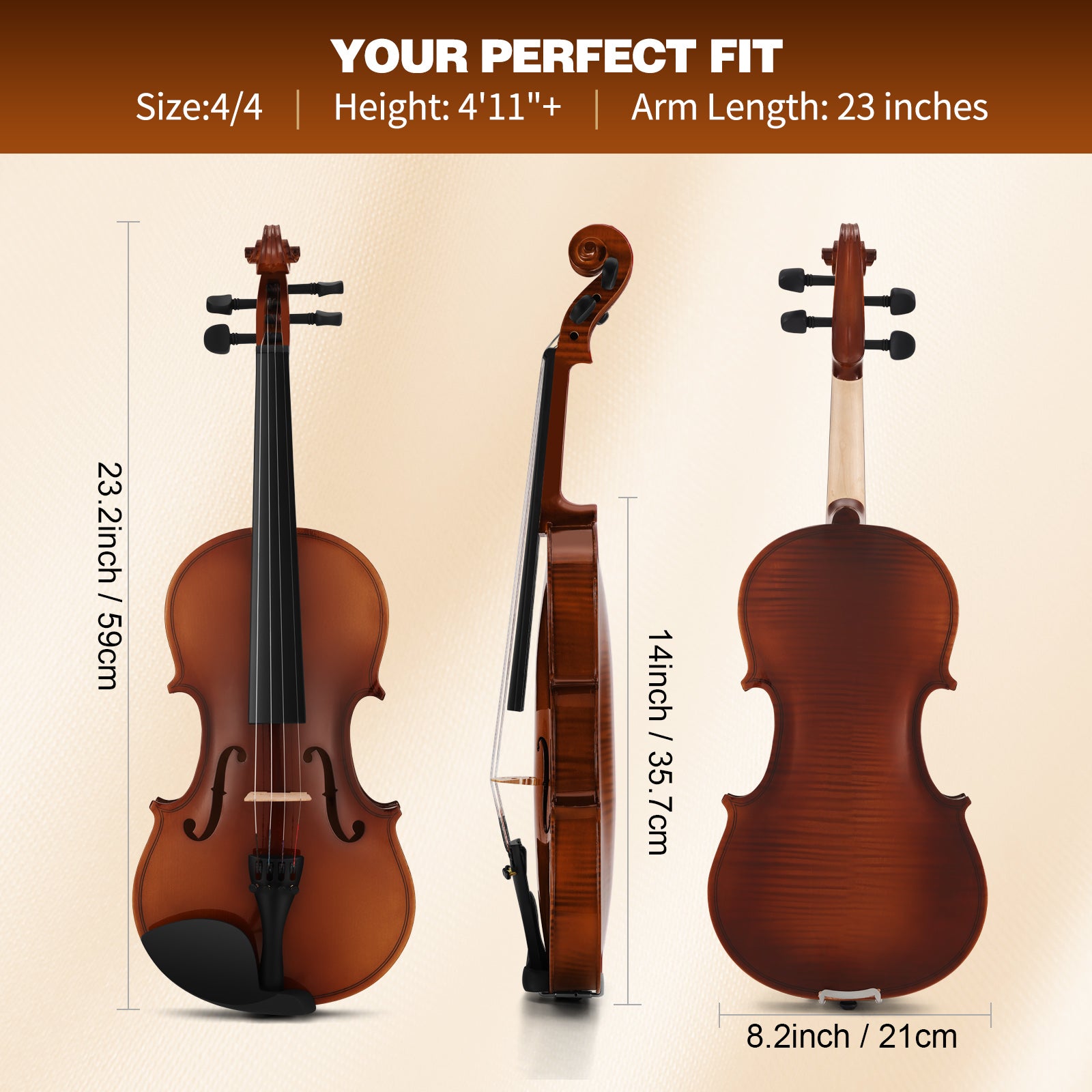 MUSTAR V200, 4/4 Violin for Beginners, Matte Dark-brown, Full Set with Bow, Rosins, Hard Case, Mute, Fingerboard Stickers, Shoulder Rest