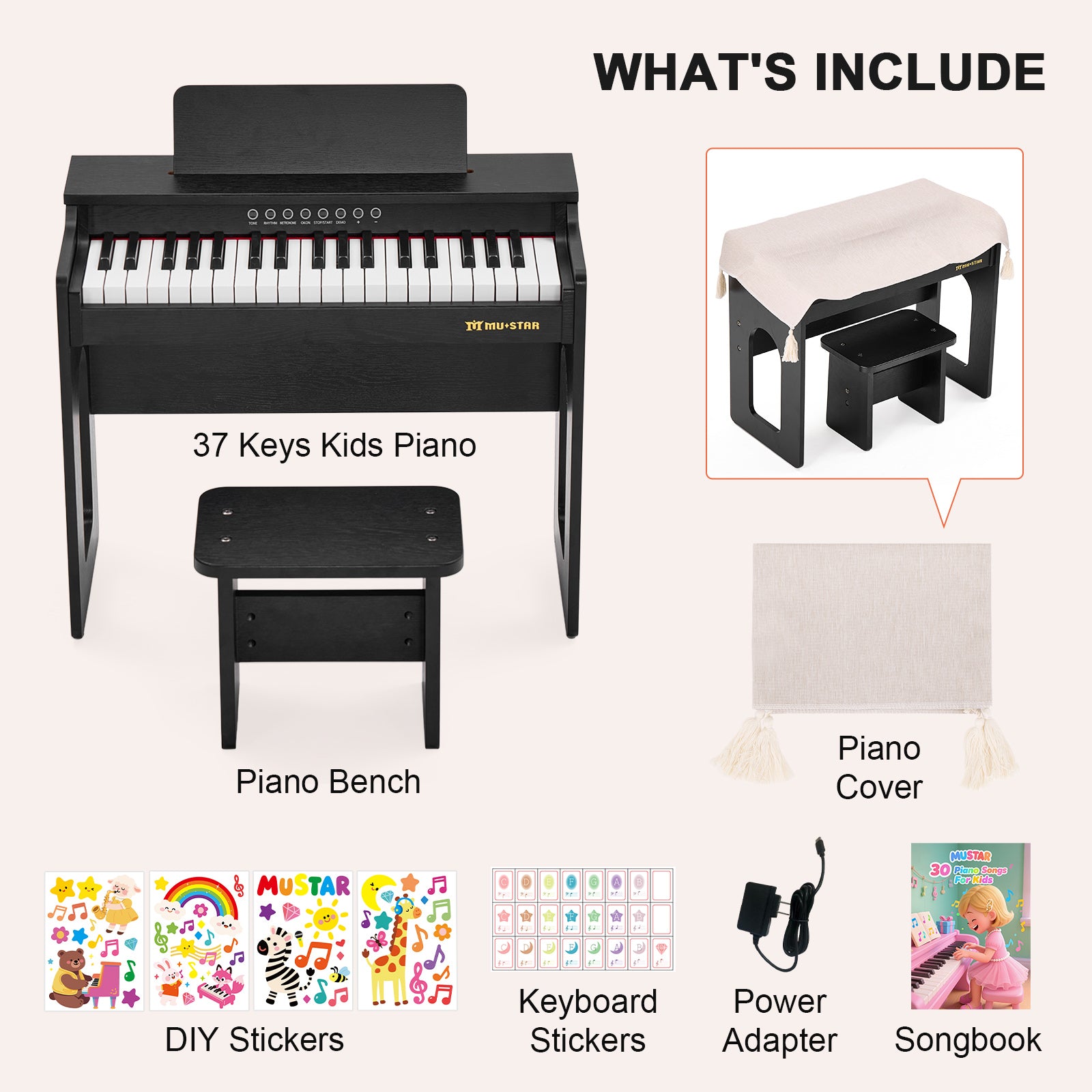 MUSTAR MT-800, 37 Keys Kids Piano Keyboard, Wooden Music Toy Instrument, Early Educational Musical Learning, Stool