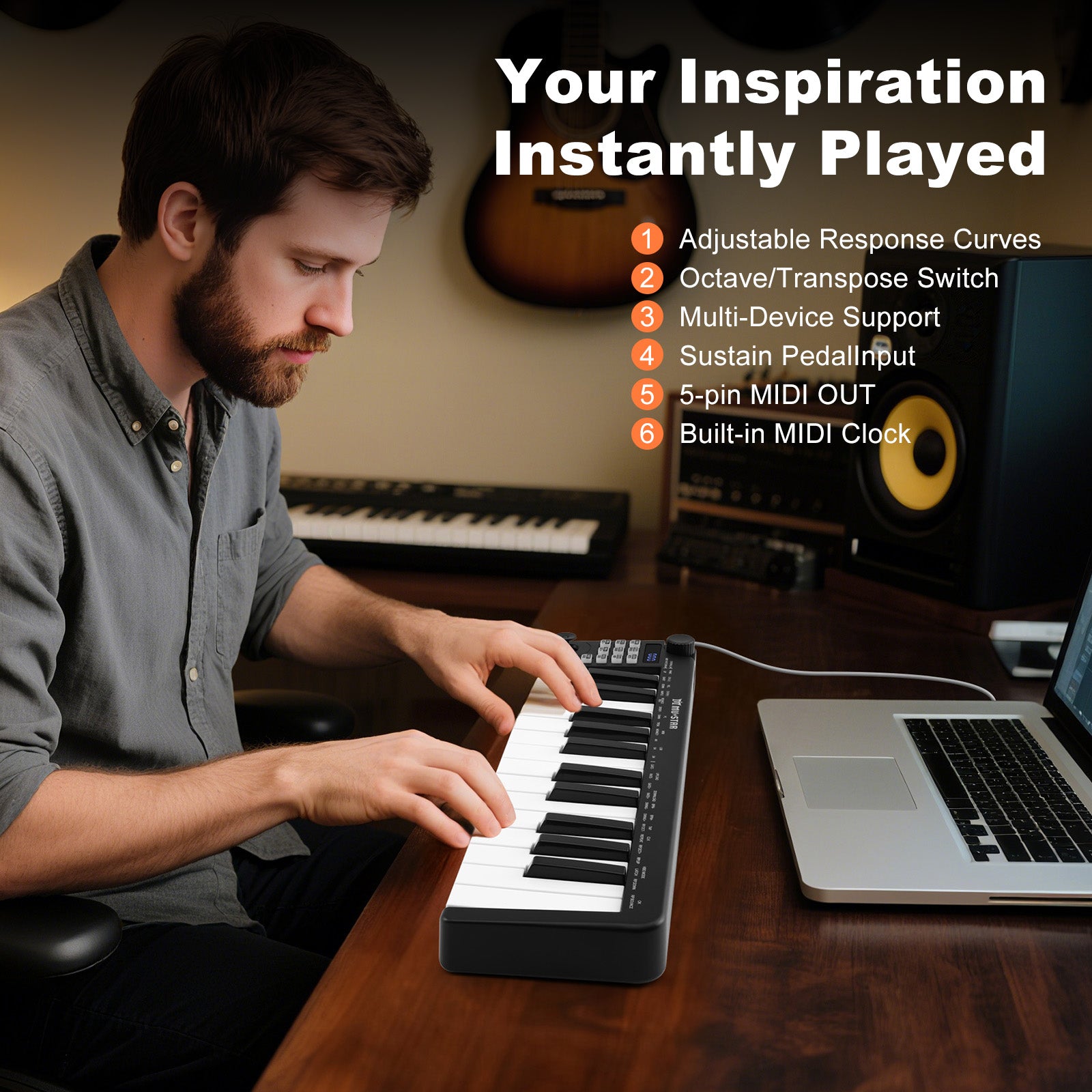 Mustar MM-100, Mini MIDI Keyboard, 25 Key MIDI Controller for Beginner with Dual-Channel Keyboard, Knob, Joystick, Built-in MIDI Clock, LED Display