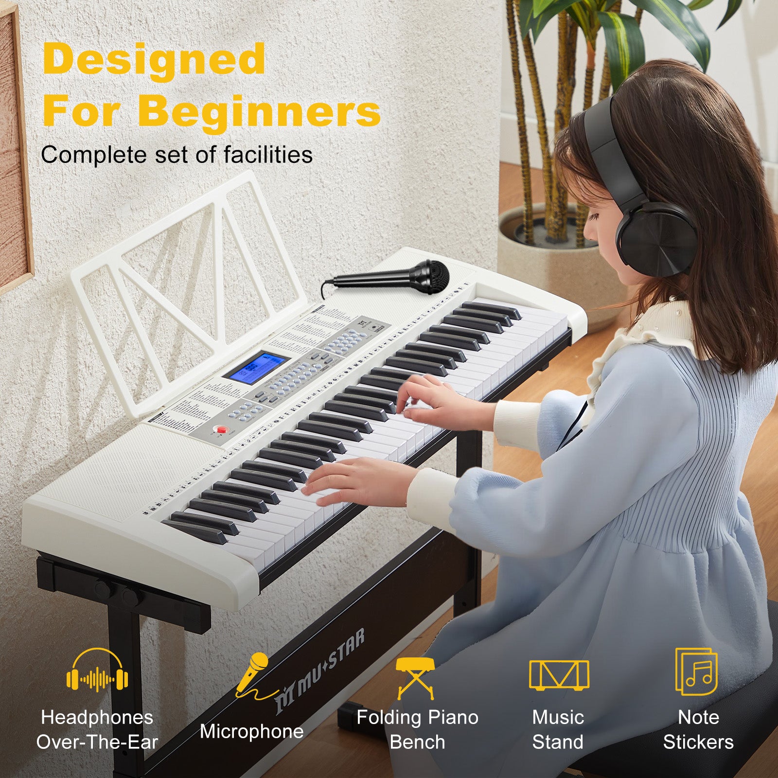 MUSTAR MEKS-900, 61 Key Learning Piano Keyboard, With Lighted Up Keys, For Beginners, White