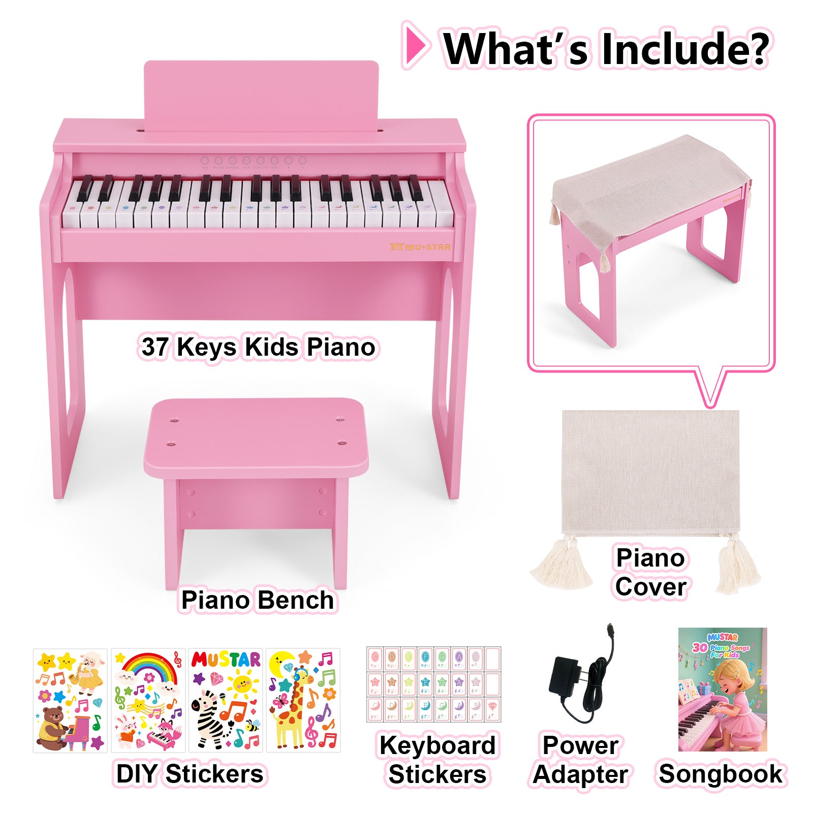 MUSTAR MT-400, 37 Keys Kids Piano Keyboard, Wooden Music Toy Instrument, Early Educational Musical Learning, Stool, Pink, 3Y+,