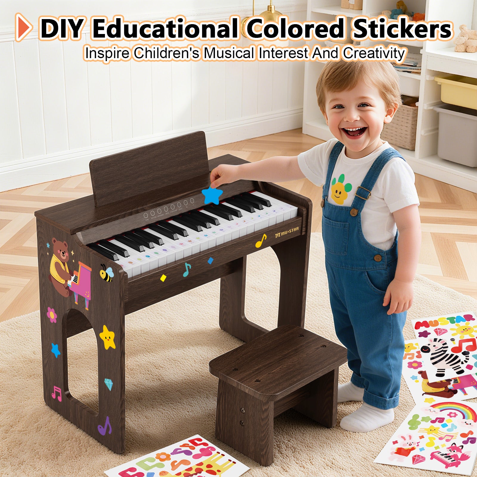 MUSTAR MT-500, 37 Keys Kids Piano Keyboard, Wooden Music Toy Instrument, Early Educational Musical Learning, Stool, 3Y+