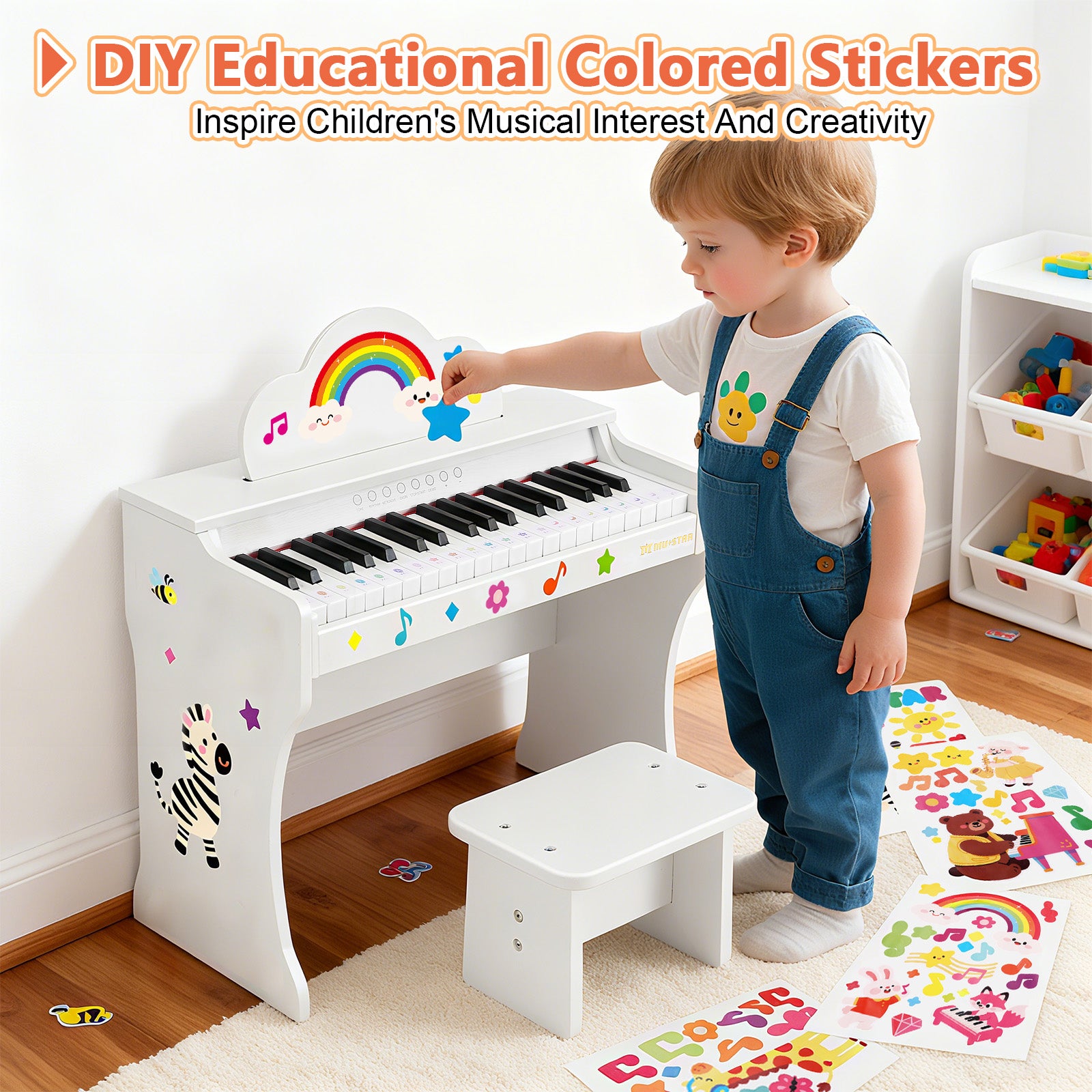 MUSTAR MT-100, 37 Keys Kids Piano Keyboard, Wooden Music Toy Instrument, Early Educational Musical Learning,Stool