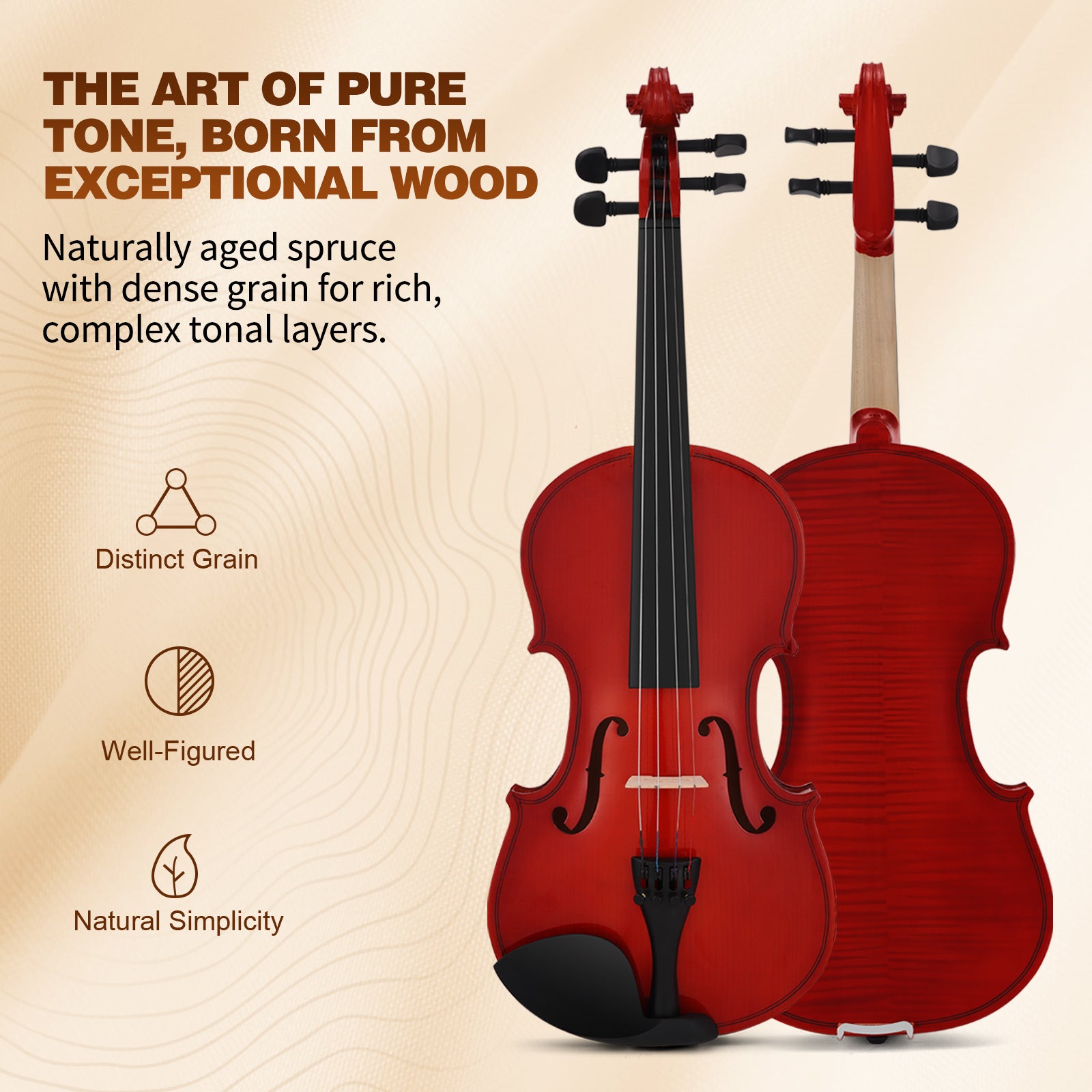 MUSTAR V100, 4/4 Violin for Beginners, Red-brown, Full Set with Bow, Rosins, Hard Case, Mute, Fingerboard Stickers, Shoulder Rest