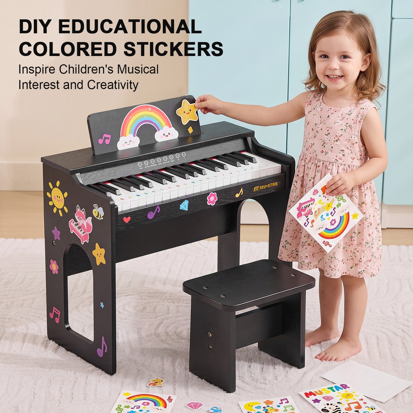 MUSTAR MT-800, 37 Keys Kids Piano Keyboard, Wooden Music Toy Instrument, Early Educational Musical Learning, Stool
