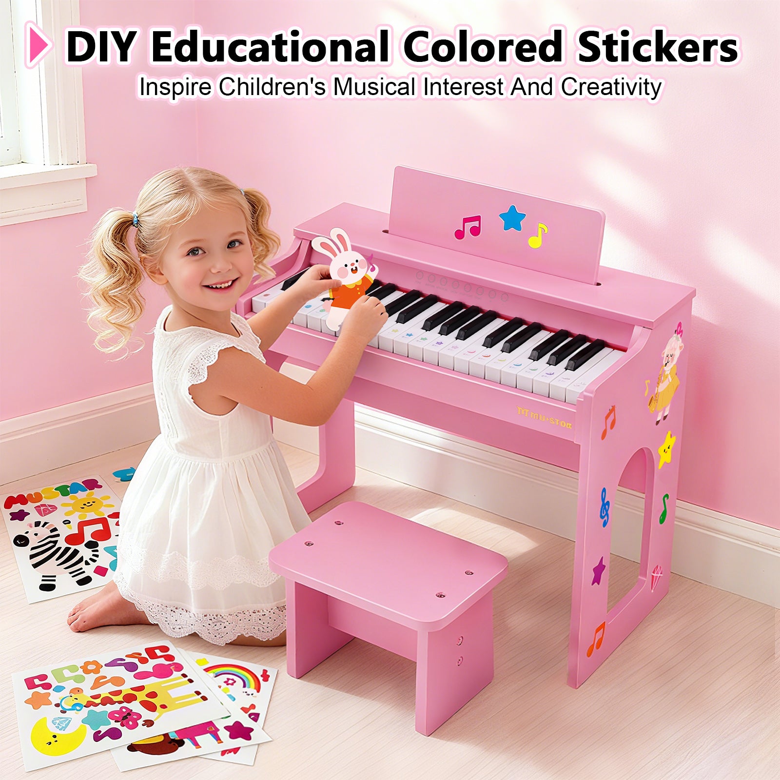 MUSTAR MT-400, 37 Keys Kids Piano Keyboard, Wooden Music Toy Instrument, Early Educational Musical Learning, Stool, Pink, 3Y+,